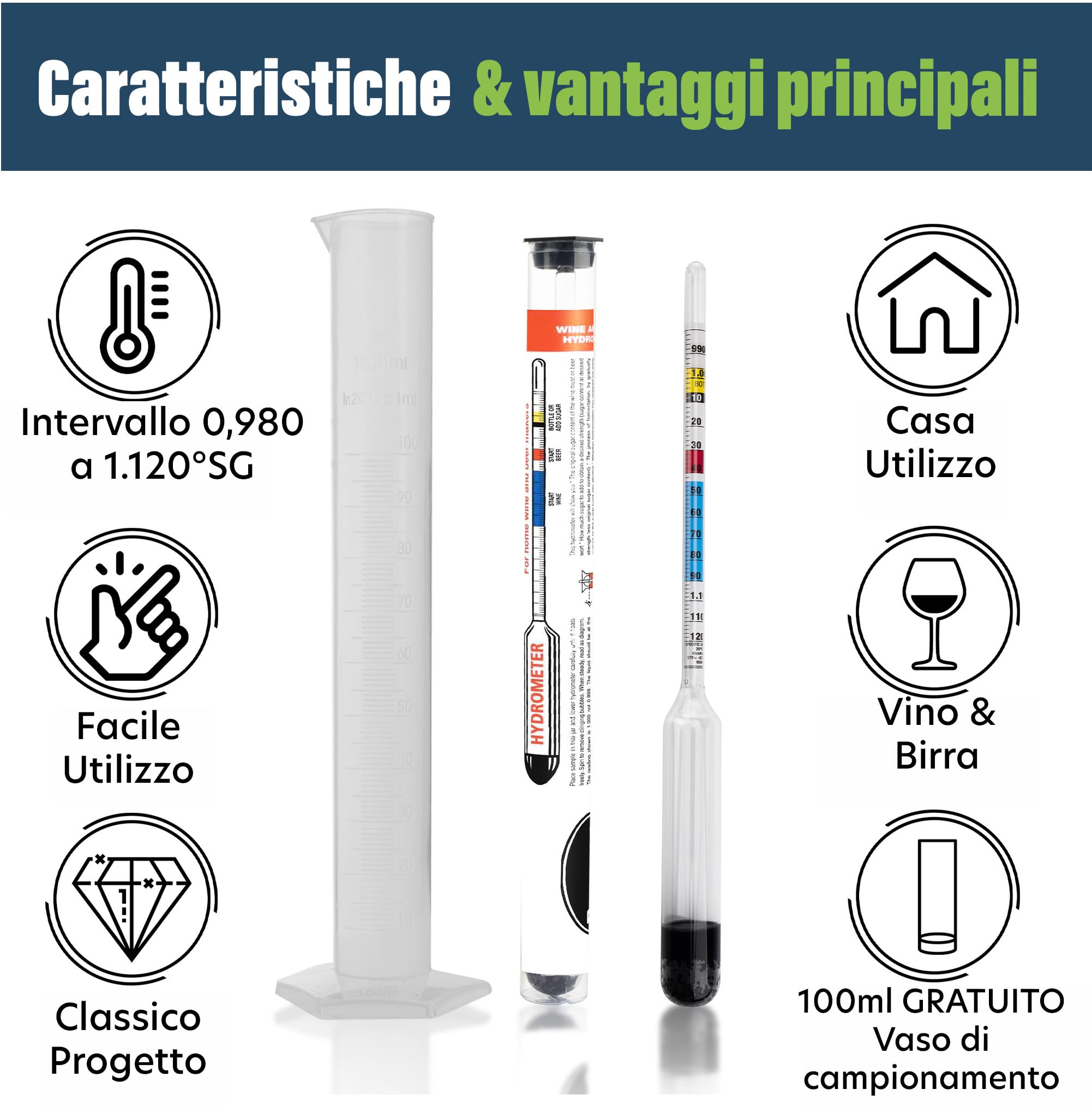 Idrometro per la Produzione di Birra Fatta in Casa con Contenitore di Campionamento di Prova da 100 millimetri incluso - Attrezzatura per la Produzione di Vino e Birra