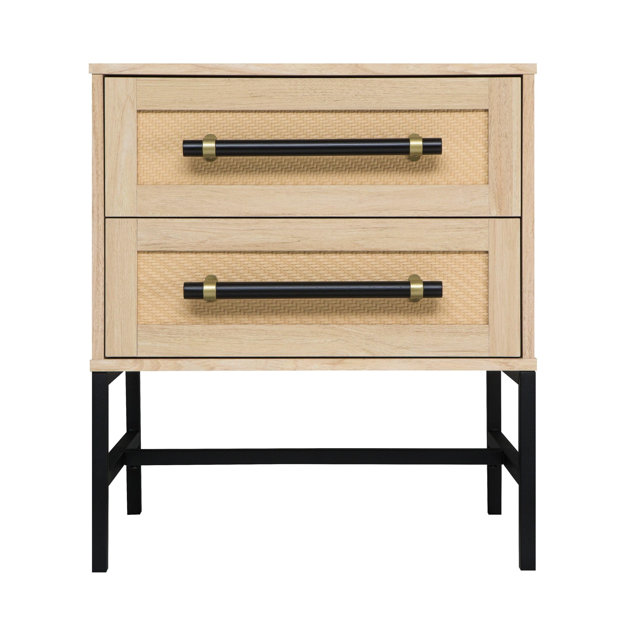 Hopper Studio Sophia 2-Drawer Nightstand in Natural Oak Look with Rattan Panels and Minimalist Black Metal Frame- Perfect Bedroom Storage for Small