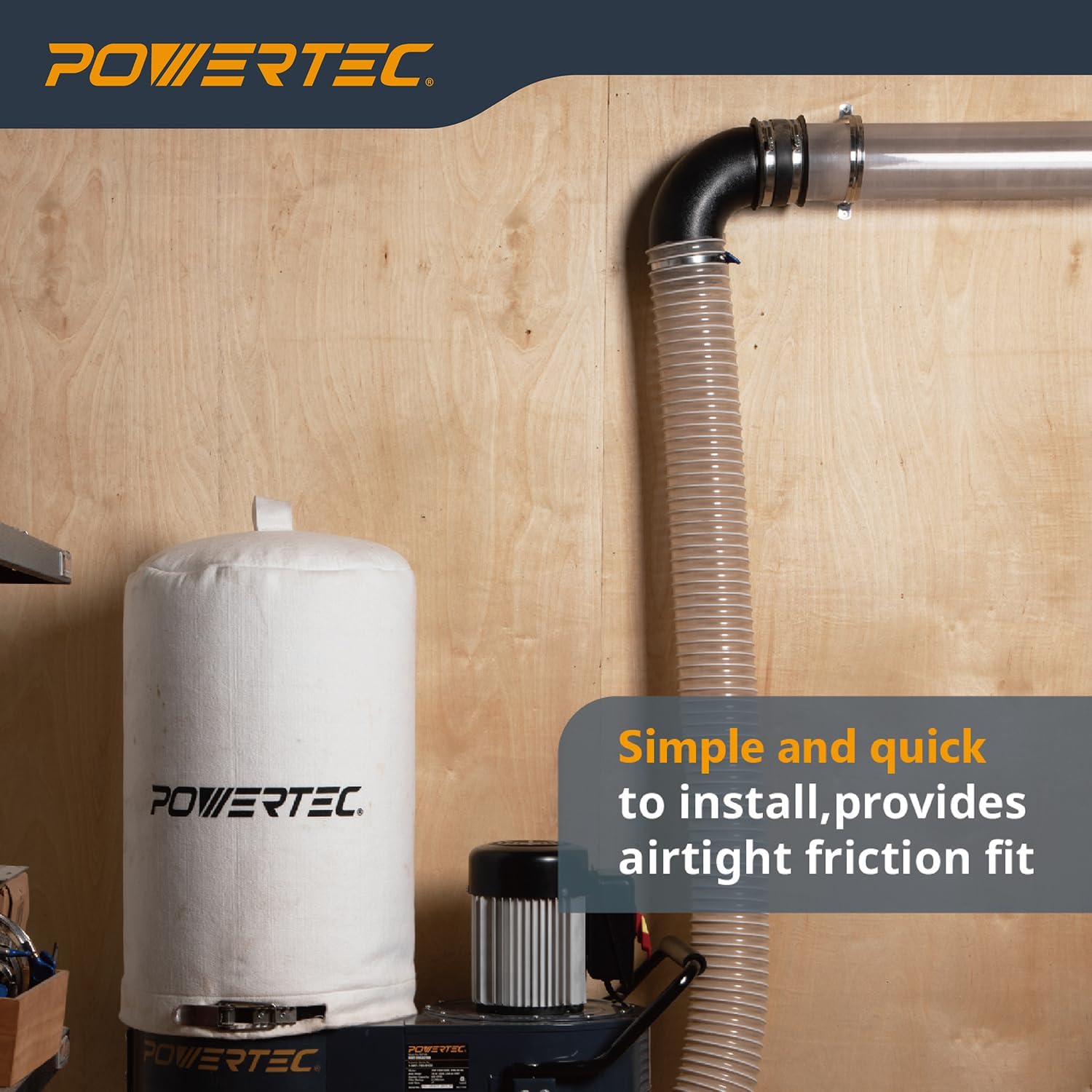 POWERTEC 70460 4" 90 Degree Elbow Dust Hose Connector & 4 Inch Dust Control Flex Cuff with Steel Hose Clamps, Rubber Cuff Coupler for Woodworking Dust Collection Fittings, Dust Collector Accessories