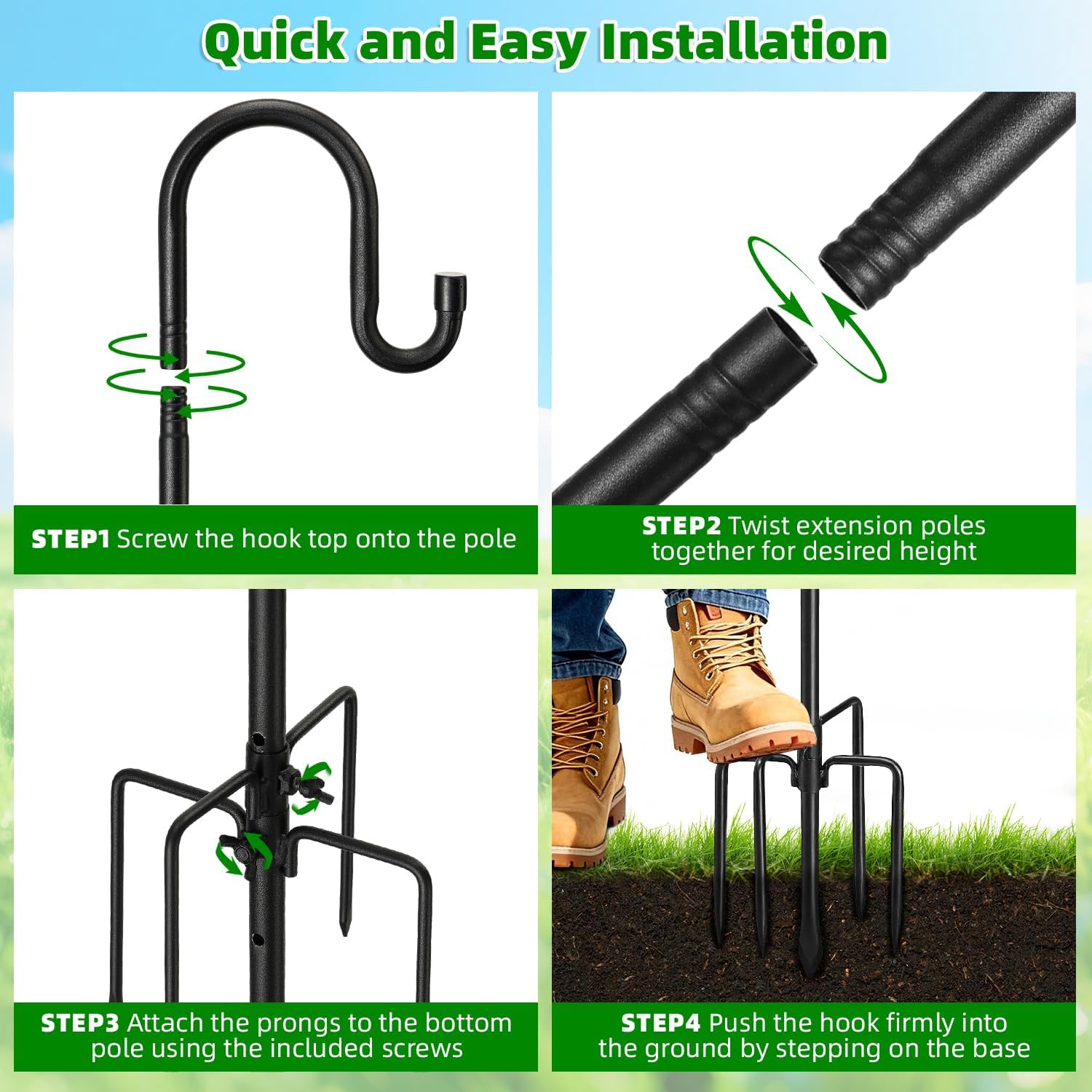 94" Heavy Duty Shepherds Hooks for Outdoor, Bird Feeder Pole with 5 Prong Base, Adjustable Height Shepherds Hook for Hummingbird Feeder, Bird Feeder, Plant, Wind Chimes,Lanterns,Wedding Decor (1 Pack)
