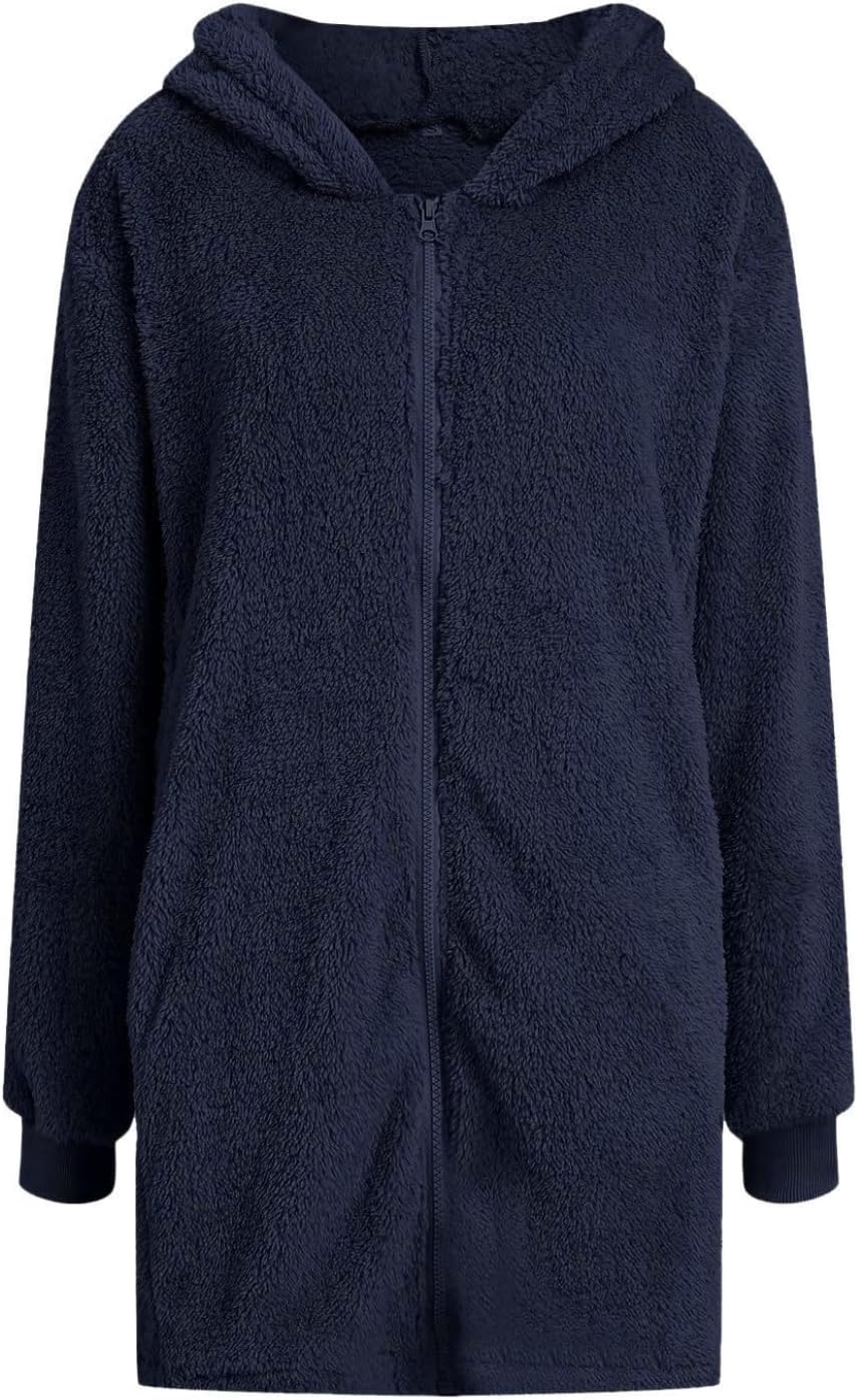 Women's Oversized Fleece Jacket Hooded Zip-Up Cardigan Coat with Pockets Warm Winter Casual Wear for Vacation - Image 5