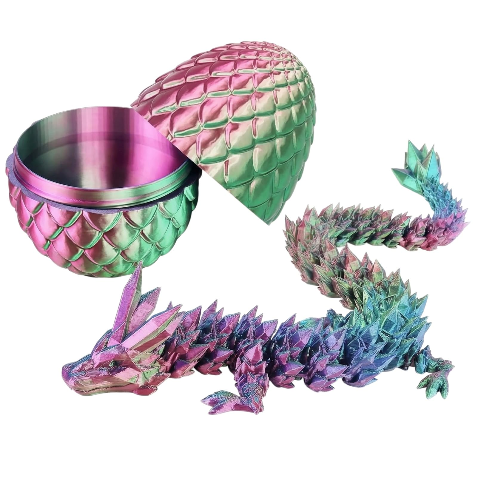 Rainbow Glitter Dragon Egg, 12-Inch 3D Printed Sparkle Egg with Articulated Crystal Dragon, Multicolor Fantasy Fidget Toy for Party Favours and Vibrant Desk Decor