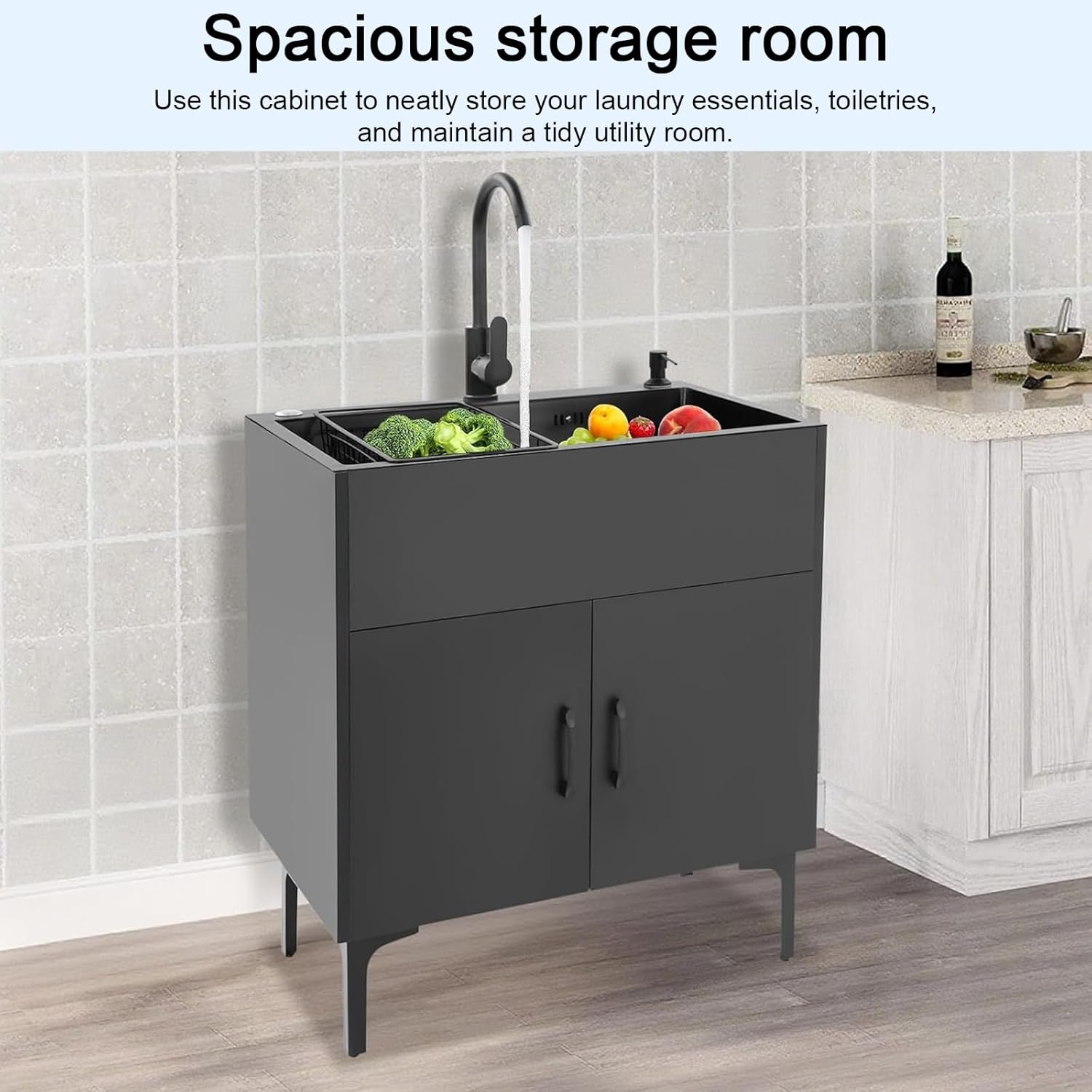 30-Inch Laundry Sink with Cabinet, Kitchen Sink with Cabinet and Pull-Out Faucet, Freestanding All-in-One Kitchen Sink Cabinet for Kitchens, Garages, Laundry Rooms, Bathrooms (Black, 30-Inch)