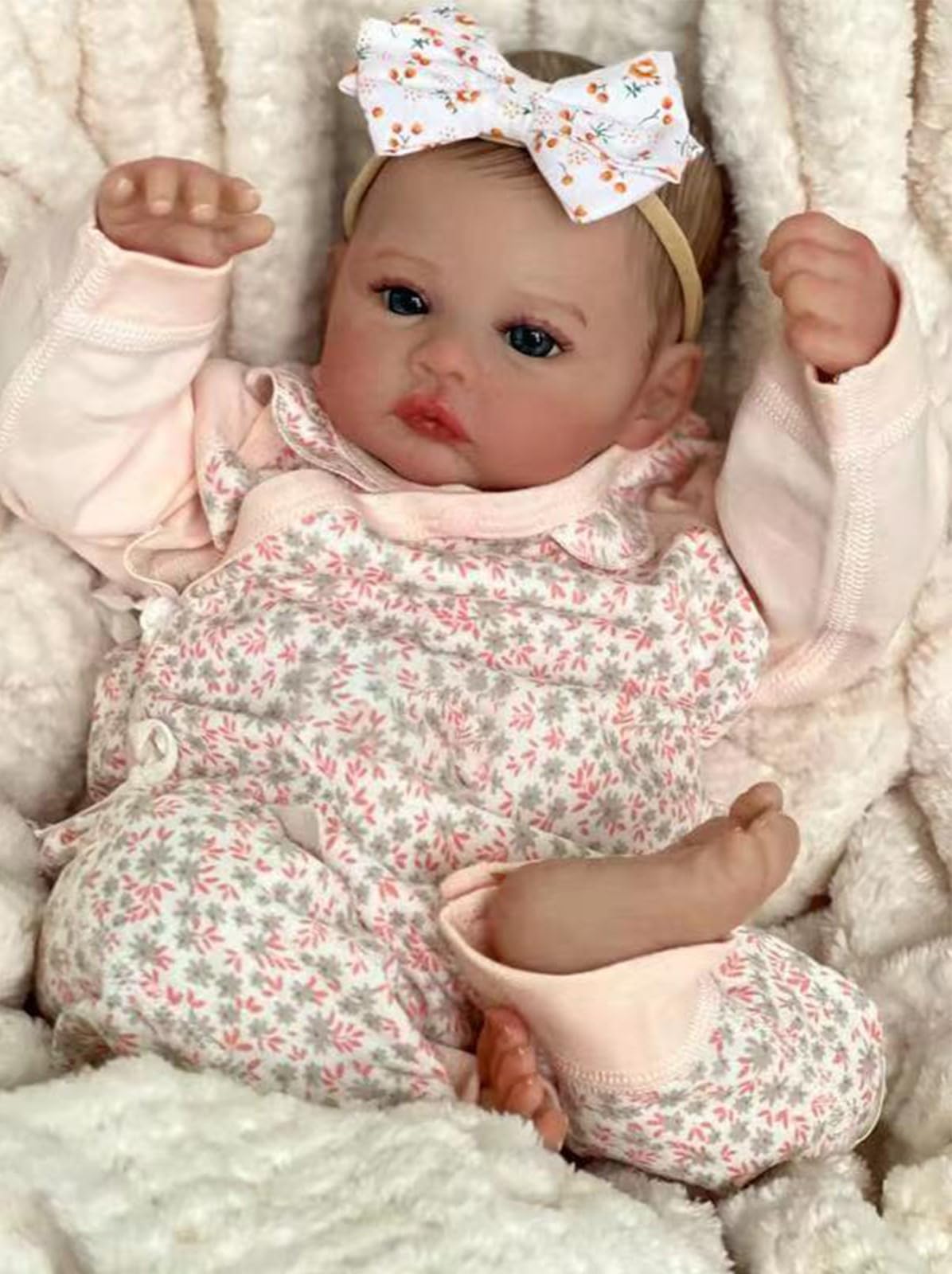 Binxing Yts Reborn Baby Doll 55 cm, Realistic Baby Doll Soft Cloth Body with Hand Rooted Hair Vinyl Head, Limbs Newborn Babies Doll with Accessories, Reborn Girl 22 Inch Pink and White Floral Outfit