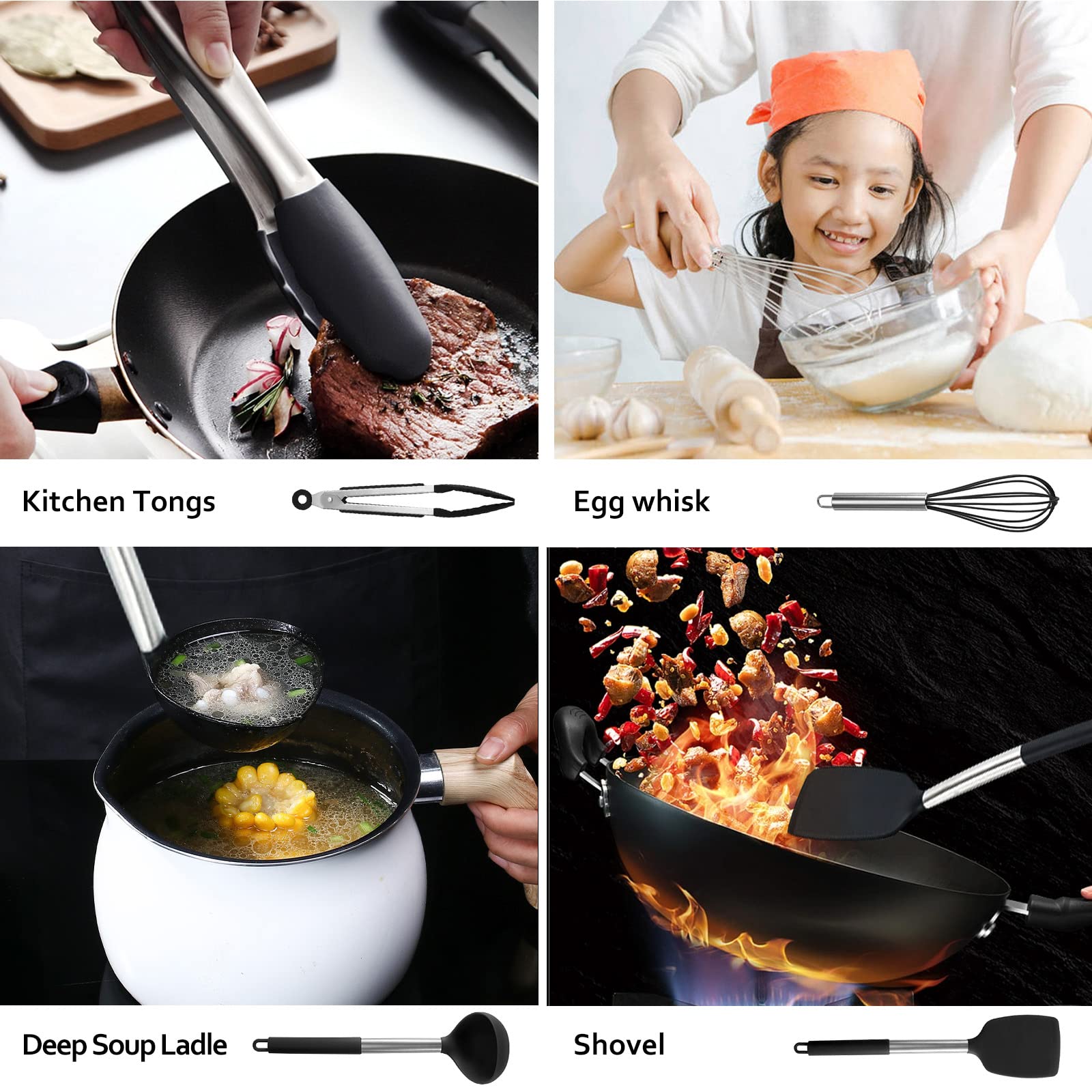 Ustensiles de Cuisine Silicone,49 Pcs Antiadhésif, Set avec Pot de Rangement pour Louche/Spatule,Noir