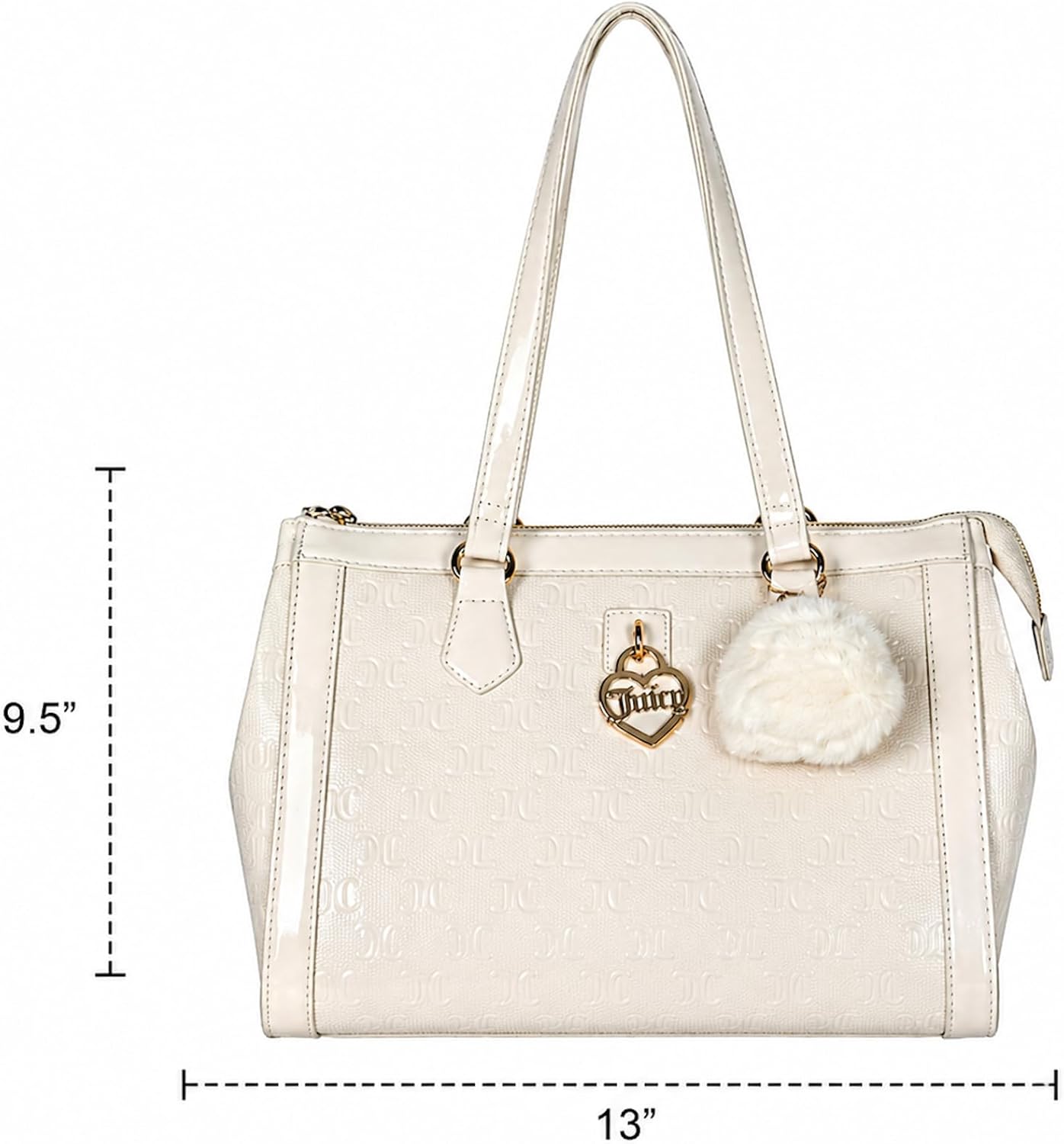 Juicy Couture Monogram Satchel Shoulder Bag with Faux Fur Charm 13" x 9.5" (Angel Beige)