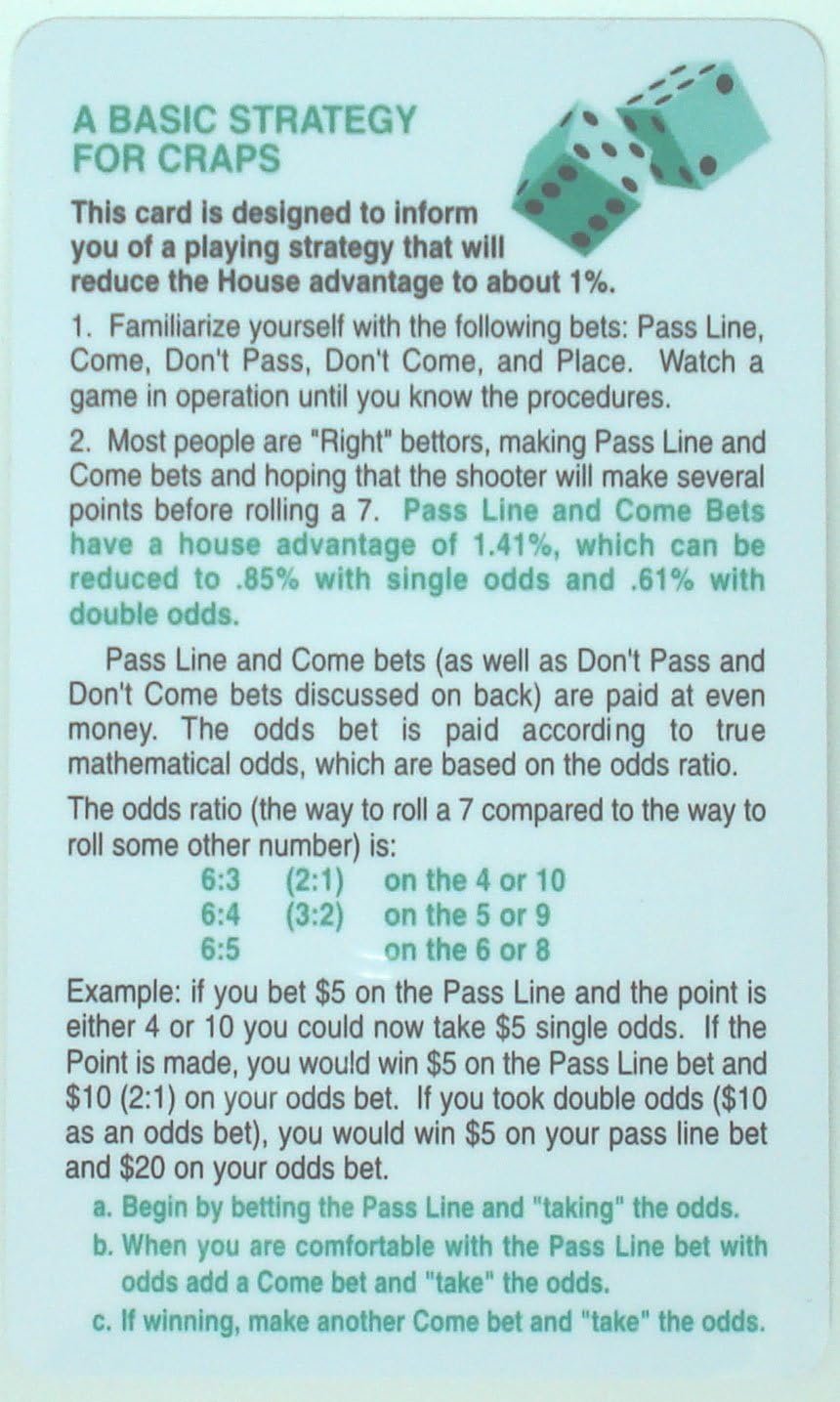 Basic Strategy Card for Craps Casino Table