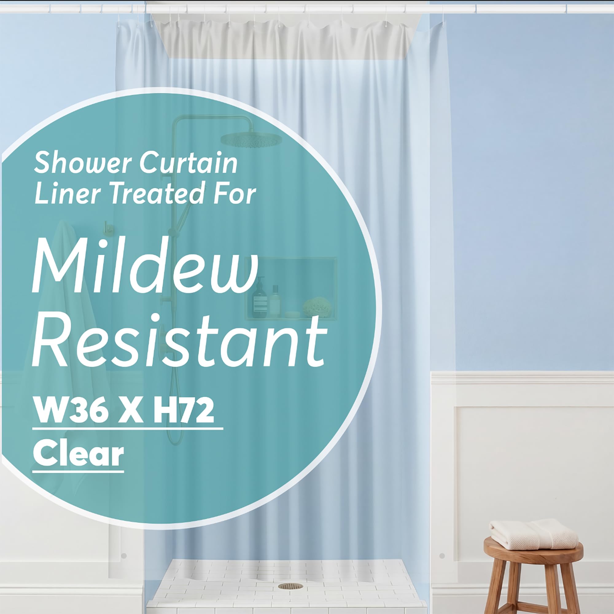 BigFoot Shower Curtain Liner – 36 x 72 PEVA Premium Shower Curtain with Rustproof Metal Grommet and 2 Magnetic Weights – Odor Free and Compatible with