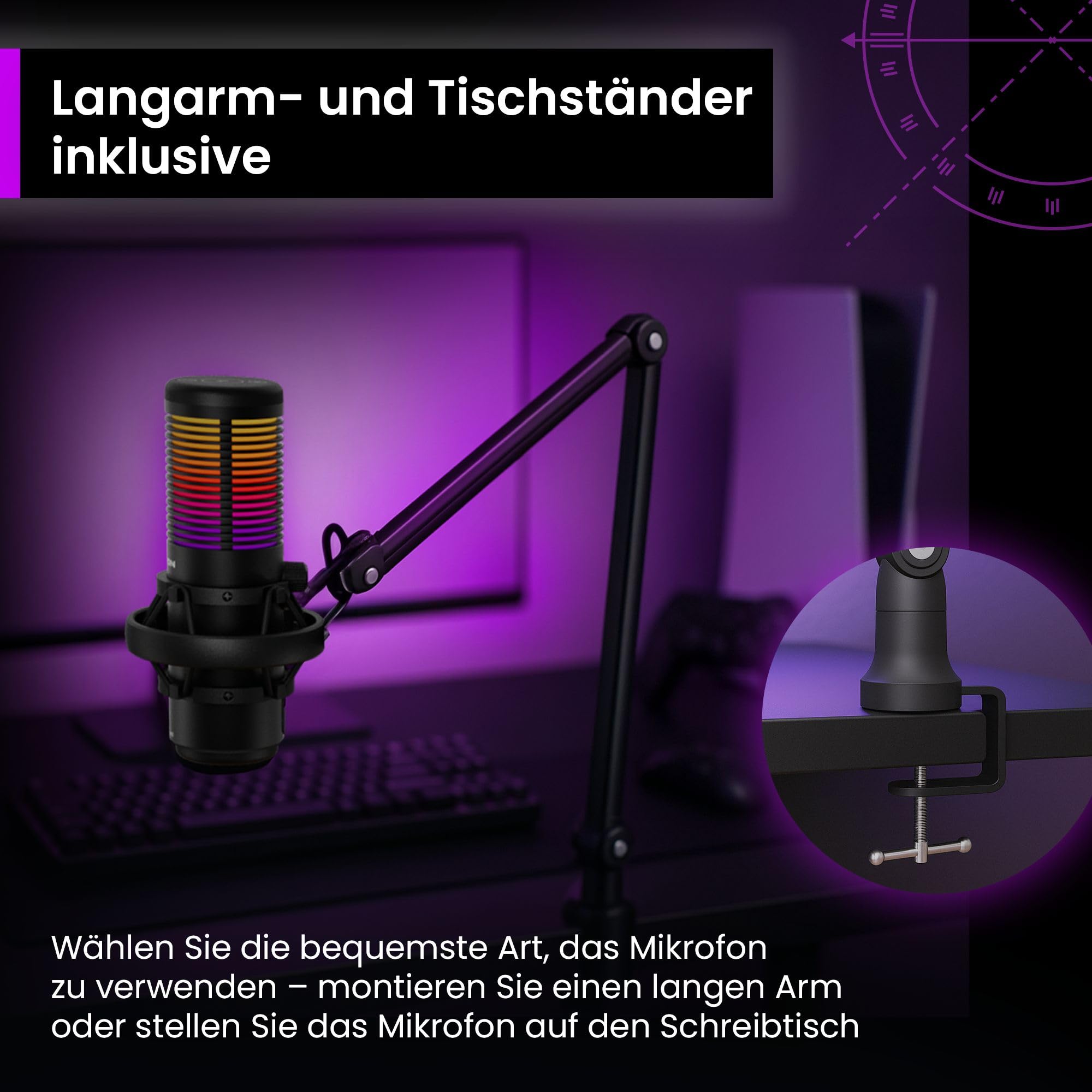 PREYON Gaming Mikrofon PC mit Arm USB Microphone - Podcast Streaming Studio Laptop Stand Mic Zubehör Tischmikrofon RGB Kondensator Stummschaltung Standmikrofon Cardioid Omnidirektional – Schwarz