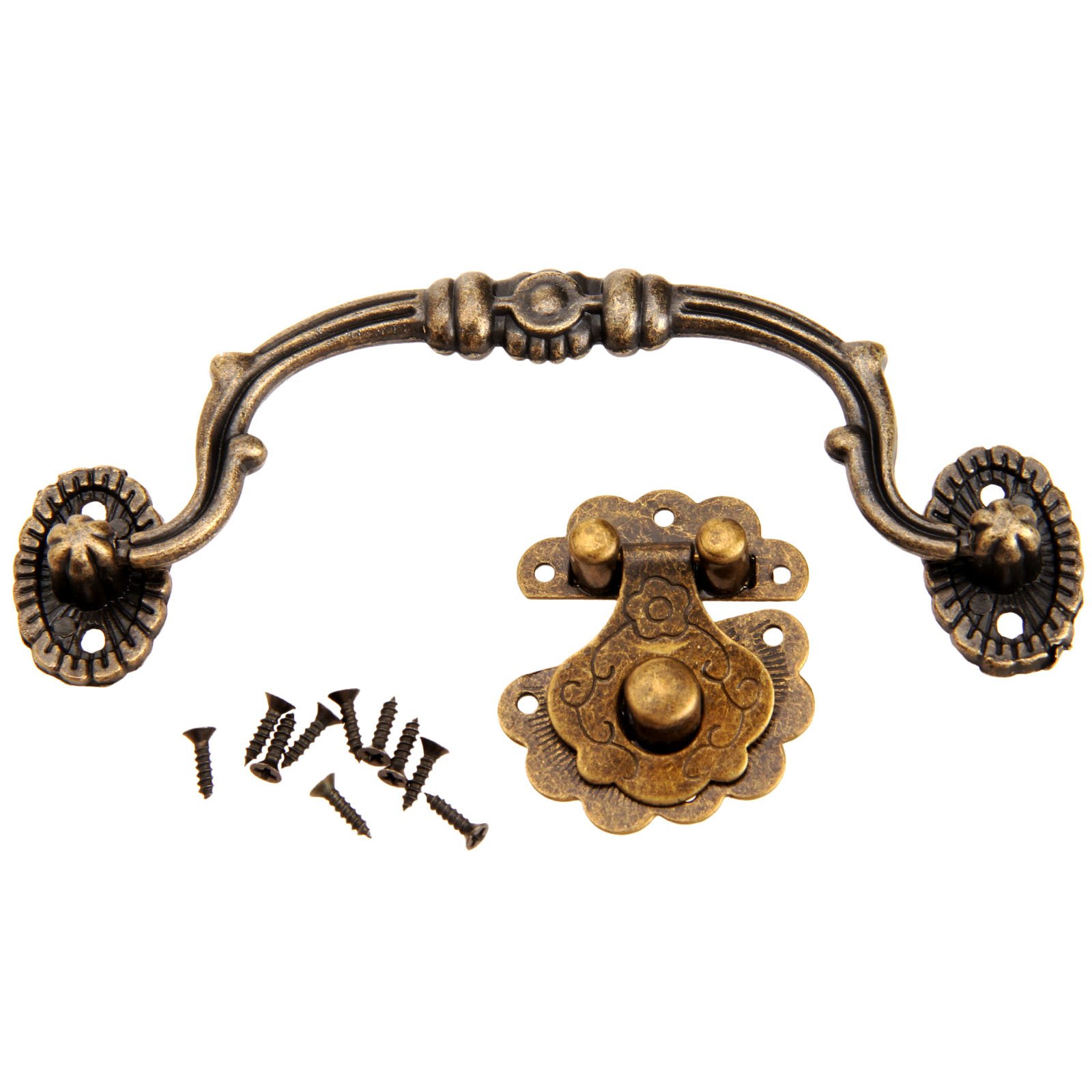 SHALLEZSOU Key Hasp Lock 2pcs Vintage Antique Bronze Cabinet Hasp Lock and Pull Handle Set for Jewelry Box Furniture Hardware