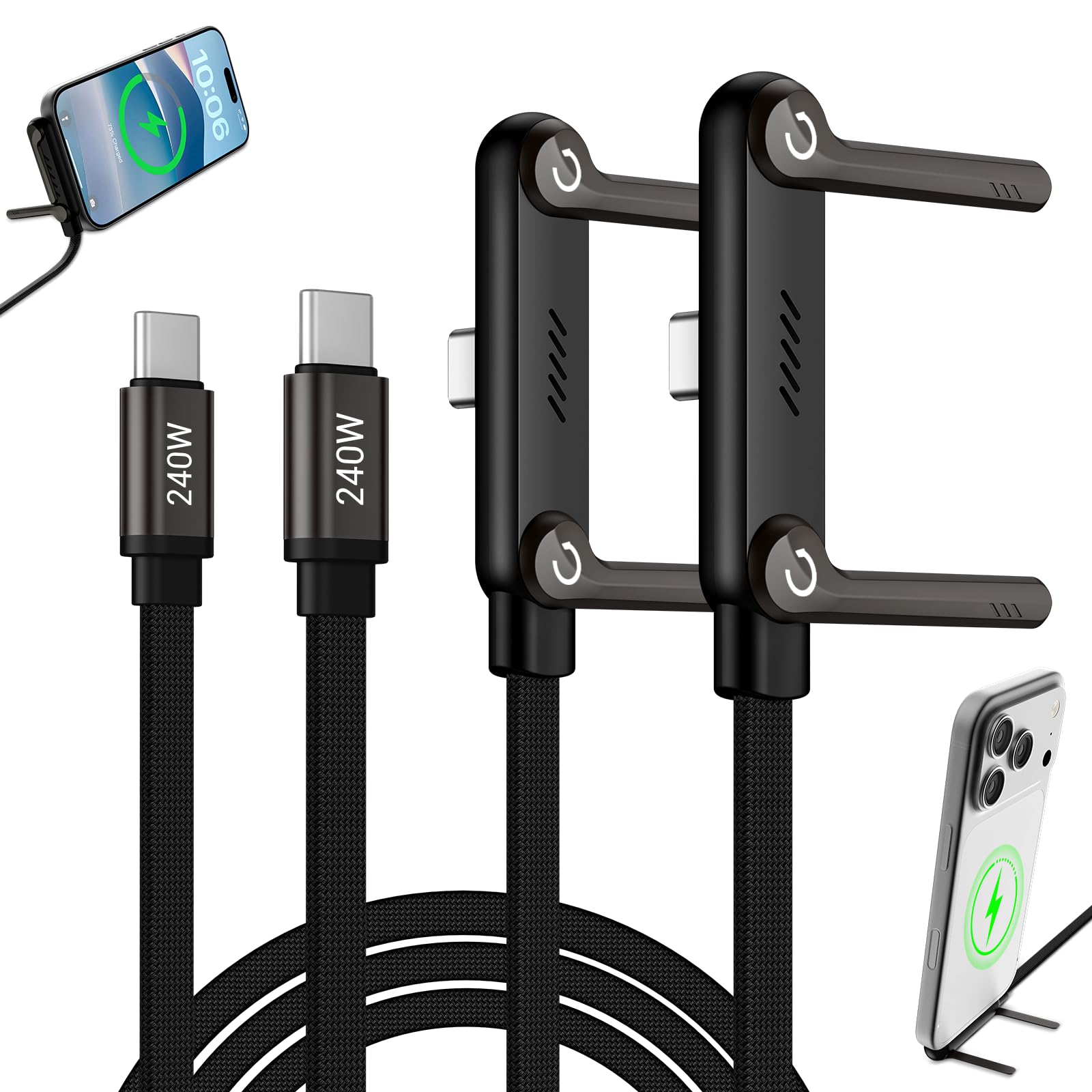 Konstreet 2-in-1 Invisible Stand Fast Charging Cable 240W Type-C Braided Fast Charging Cable Built-in Phone Stand 2 in 1 Phone Holder Cable for Suitable for Gaming Office and Travel Black 2Pack