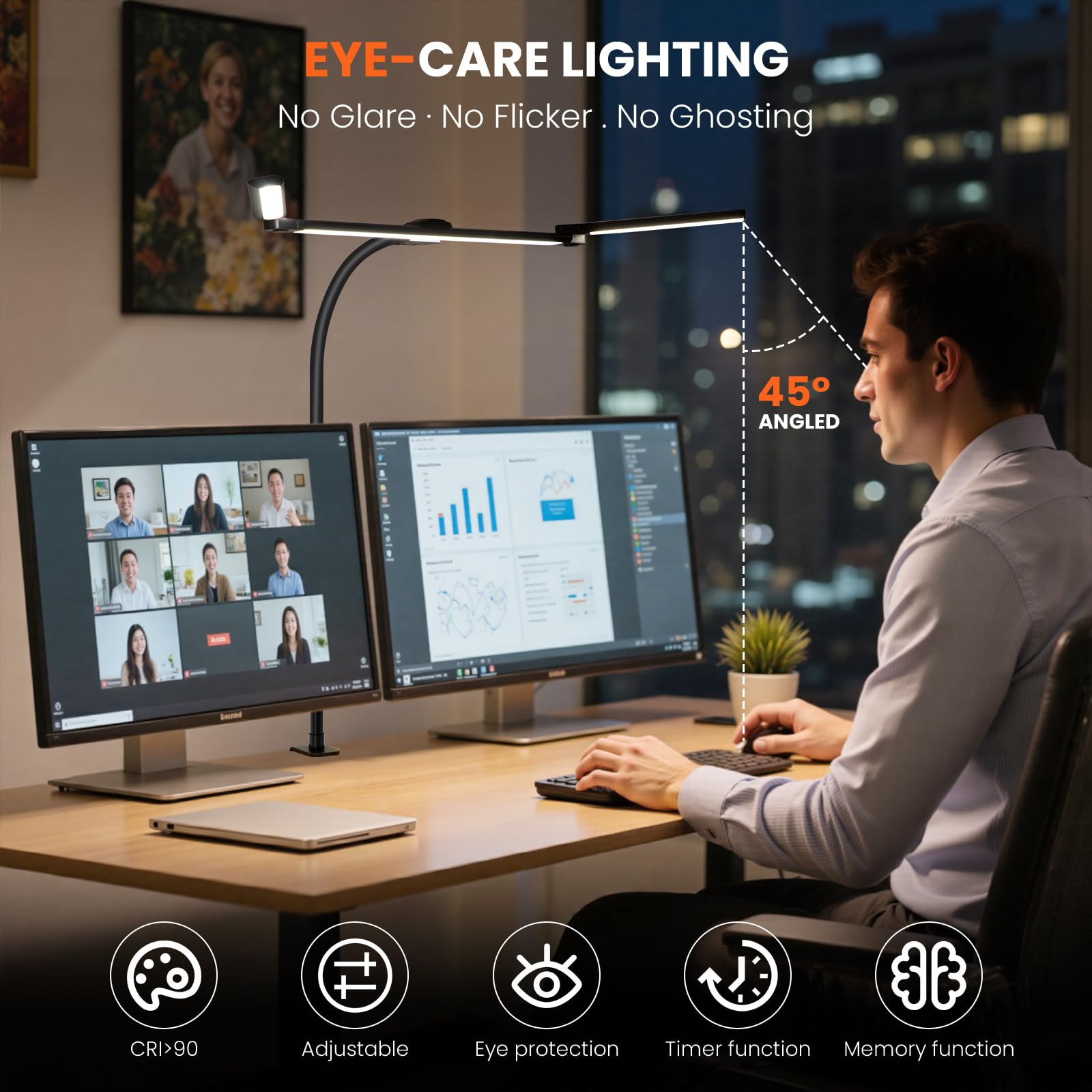 LED-Schreibtischlampe für Büro, Zuhause, 3 verstellbare Computer-Monitor-Lichtleiste, stufenloses Dimmen, augenschonende Architekten-Schreibtischlampe, Tischlampe, Tischlampe, zum Anklemmen, mit