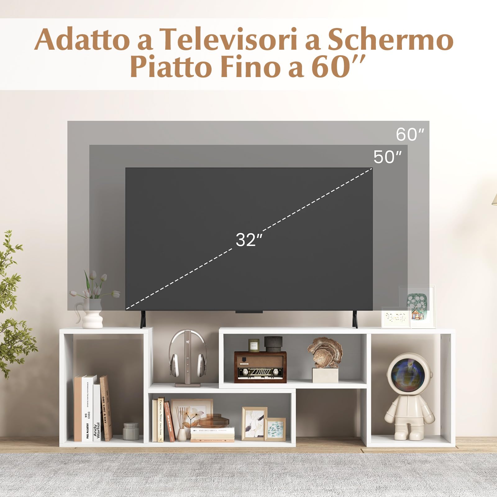 COSTWAY Mobile Porta TV Combinabile a 2 Pezzi, per TV Fino a 60'', Mobile TV a Angolo Soggiorno in Legno, con 4 Vani Aperti, Tavolo Media TV Multifunzionale, per Soggiorno, Camera da Letto (Bianco)