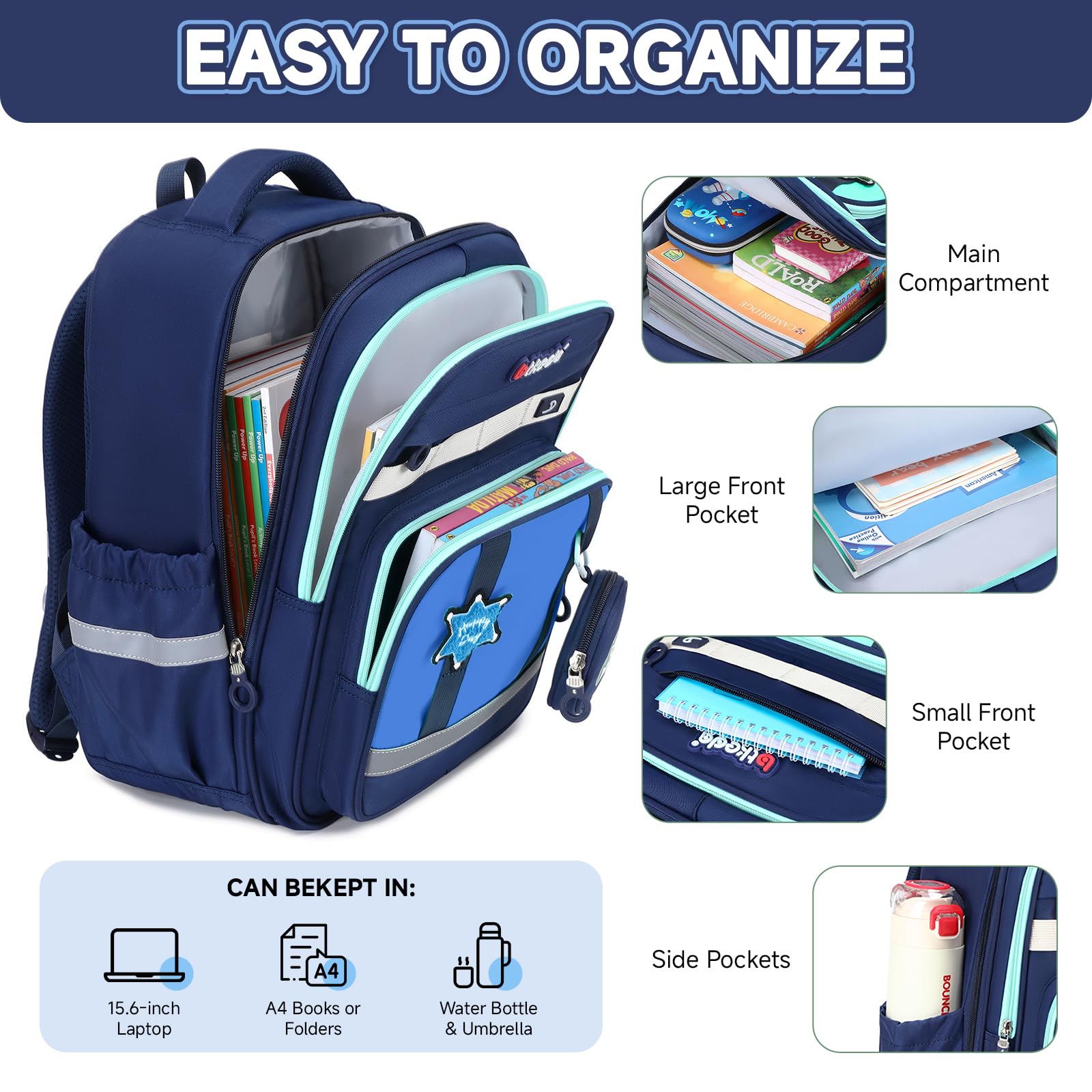 Amythe Sac d'école Garçon CP-CM2 Réfléchissant