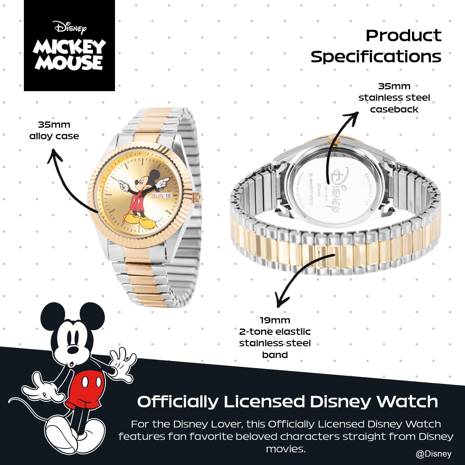 Disney Mickey Mouse Watch Men - Mickey Mouse Watches for Men - Watch - Mens Watches - - Classic Toys for with Golden Bezel and Multicolor Bracelet