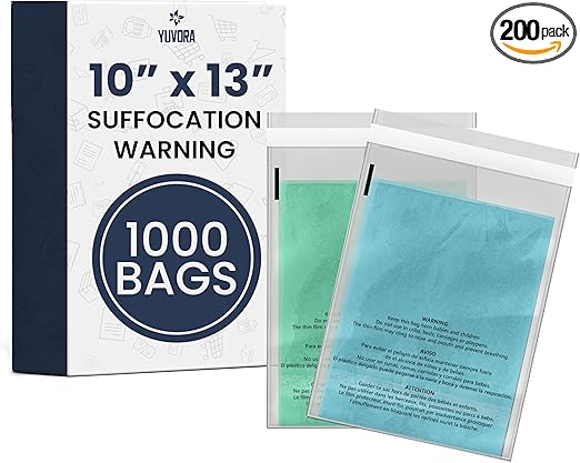 10x13 Inch Clear Poly Bags with Suffocation Warning (1000 Count) – Permanent Seal, Crystal-Clear Clarity – Self-Seal Adhesive for FBA Goods, Apparel, Shipping, Storage, and Retail Packaging