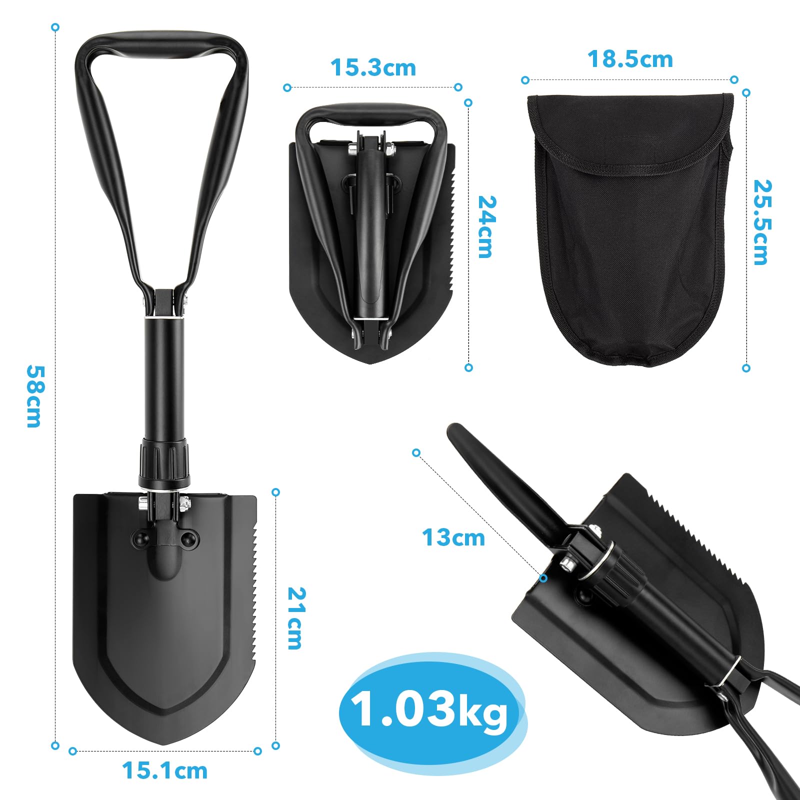 TAOPE Pala Pieghevole 58cm, Pieghevole Campeggio Multifunzionale, Nero Pala Portatile in Acciaio al Carbonio, Ideale per Trekking, Saccopelismo, Giardinaggio, Emergenza Auto, Pesca, Scavo