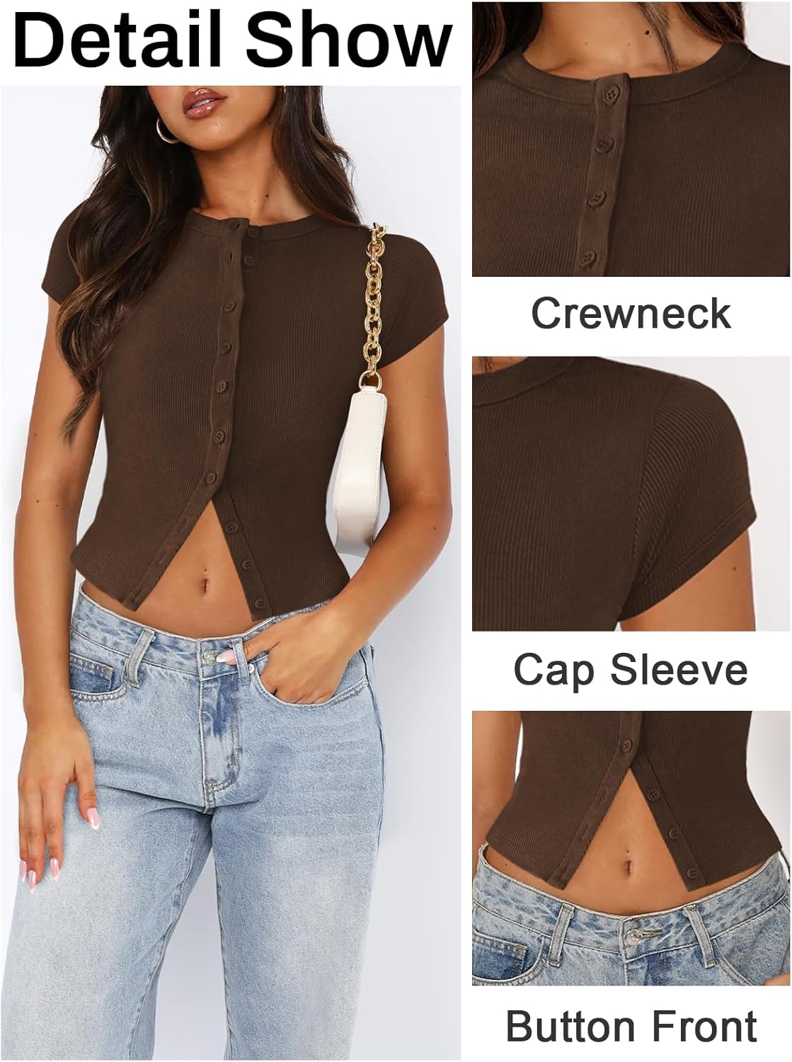 Women's Button Down Shirt Cap Sleeve Tops for Women Button Up Ribbed Knit Slim Fit Casual Y2K Crop Going Out Top - Image 4