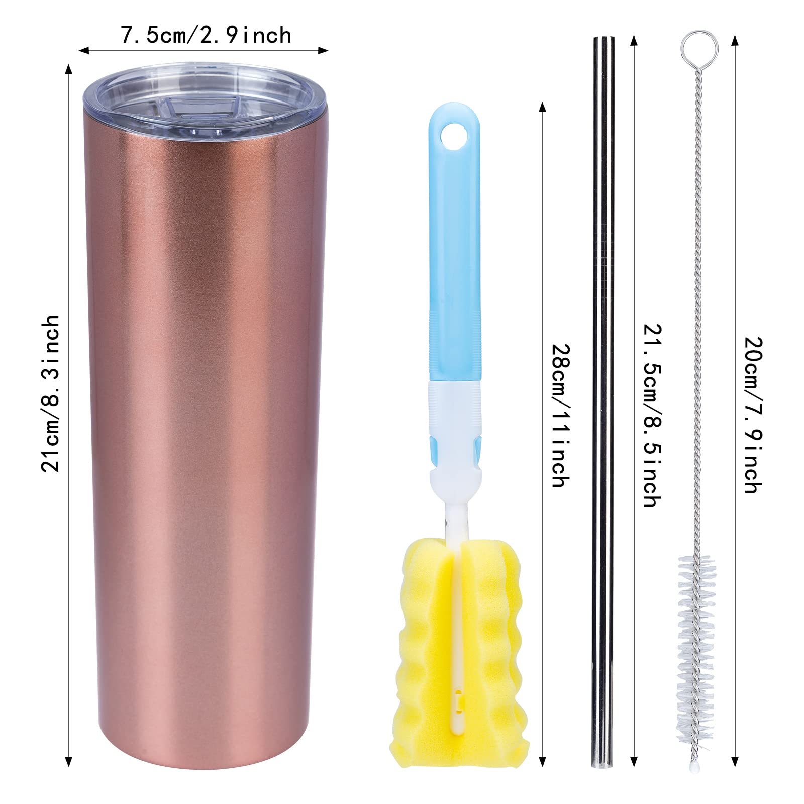 Skinny Reisebecher, 590 ml, 4 Stück, Edelstahl, schmale Trinkgläser mit Deckel, Strohhalm, doppelwandig, isoliert, schmal, für Kaffee, Wasser, Tee, Roségold