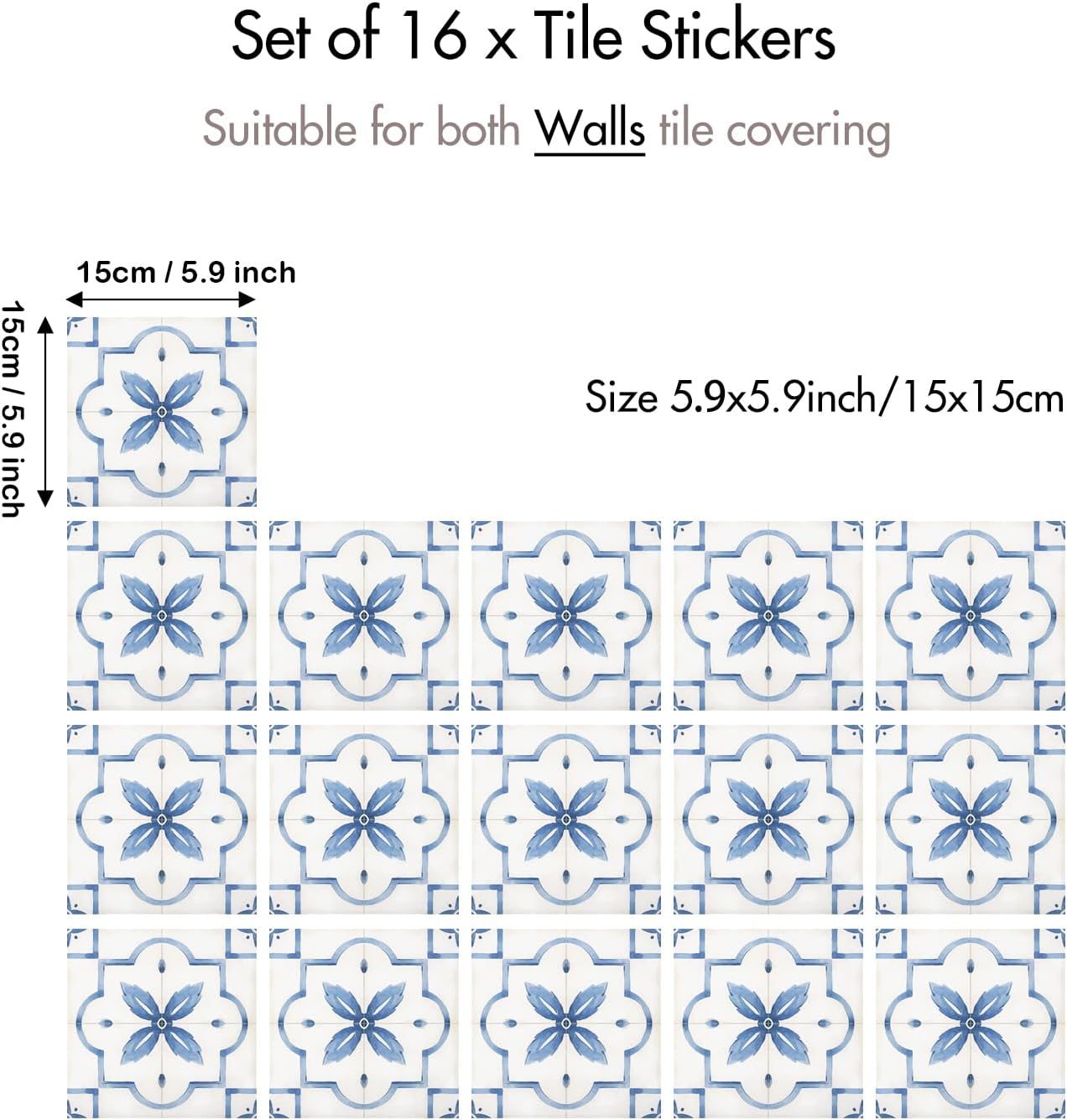 16 Pack 5.9x5.9inch French Country Tile Decals, Light Blue Watercolor Peel and Stick Backsplash, Classic Vinyl for Kitchen Decor