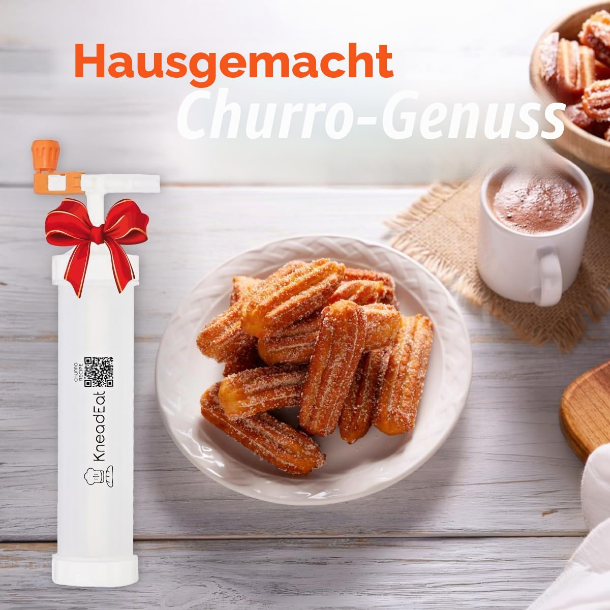 KneadEat Churro Maker Kit Mit Booster-Betriebenem Griff Churrera Und Spritzbeutel Churros Füller Einfacher QR-Rezept Zum Zubereiten Befüllen Eigener Zu Hause - Kneadeat Cookie Press