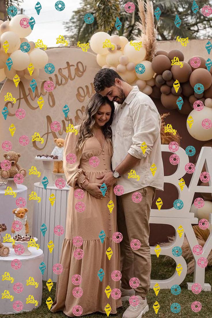 Gender Reveal Konfetti für Tischdekorationen, glitzernde rosa blaue Oh Baby Pailletten Metallic Folie Donut Eiscreme Tischkonfetti für Babyparty Geburtstag Party Supplies