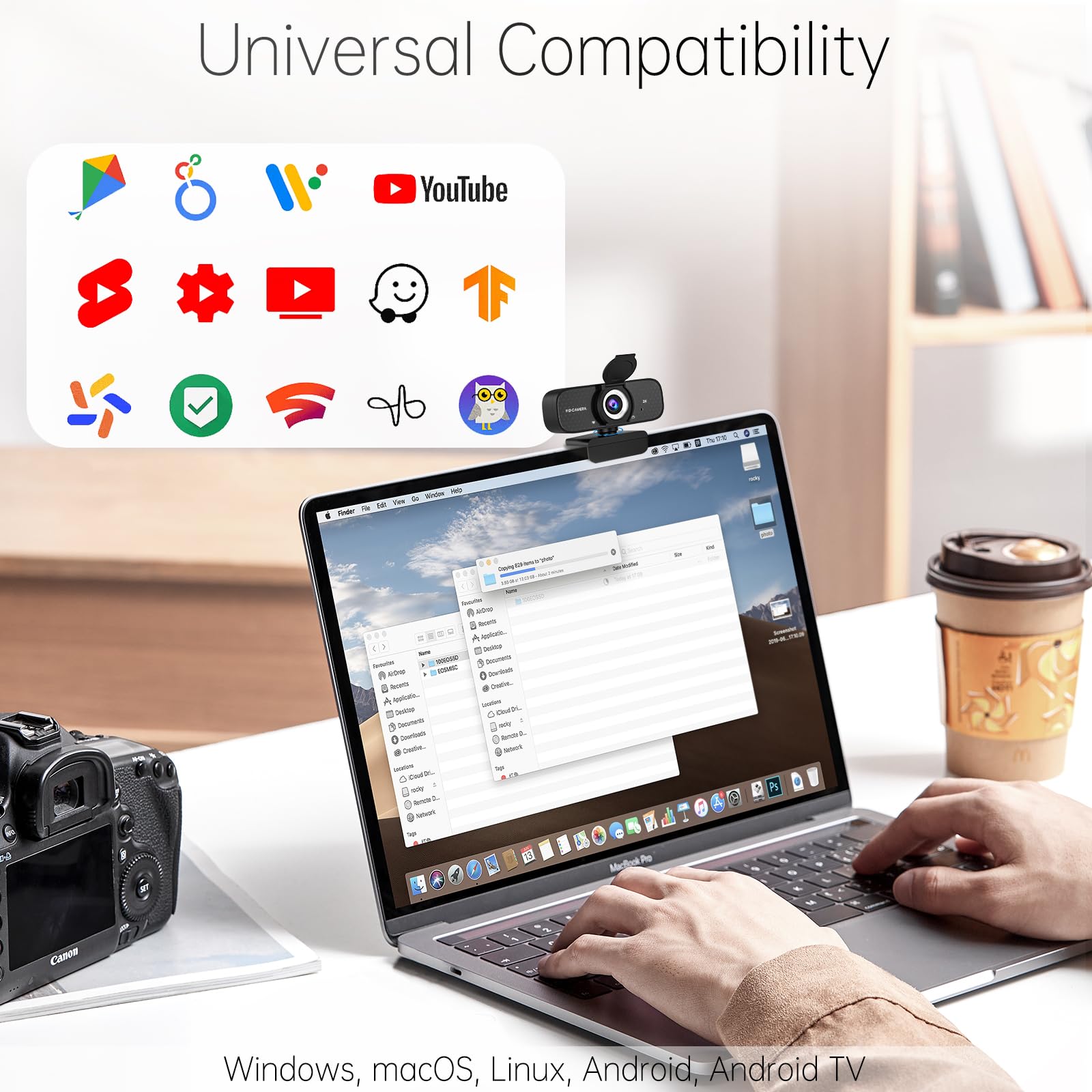 TRAUSI Cámara web HD 2K con lente gran angular, cubierta de privacidad, corrección automática de luz y micrófono con cancelación de ruido, cámara USB Plug & Play para Mac/portátil/PC, compatible con