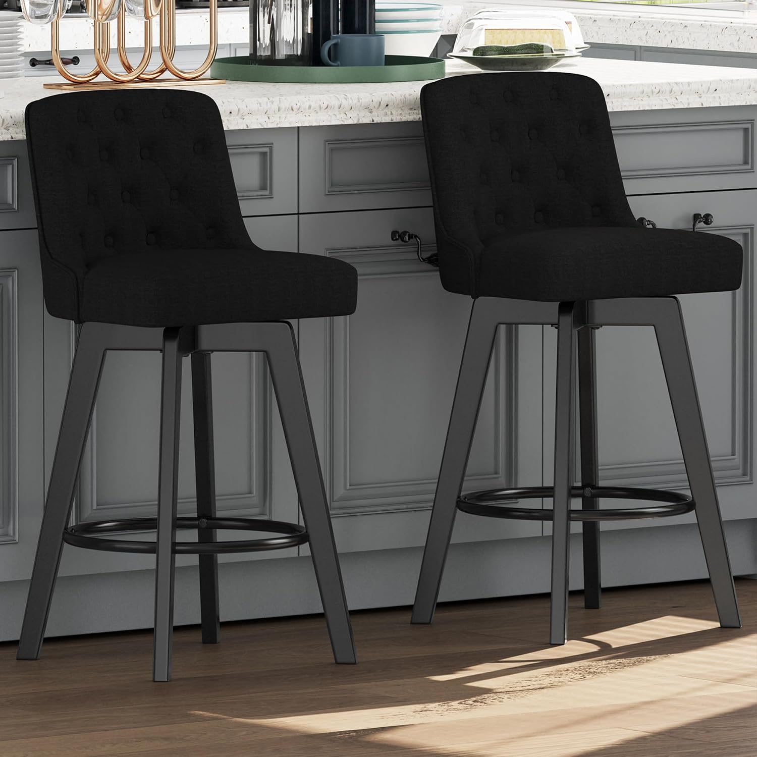 MINCETA 30 inch Swivel Bar Stools Set of 2, 360° Swivel Counter Height Bar Stool with Solid Wood Legs, Upholstered Fabric Barstools with Button Tufted Backrest for Kitchen Island, Black