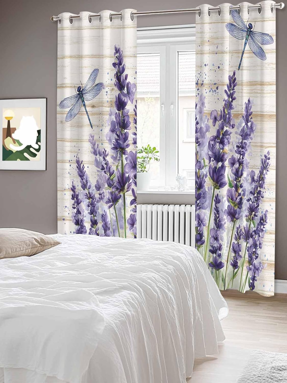 Purple Floral Lavender Dragonfly Kitchen Curtains Window Drapes Treatment, 2 Panels Sheer Curtains for Kitchen Cafe Office, Retro Country Wooden Board 104W x 96L inch