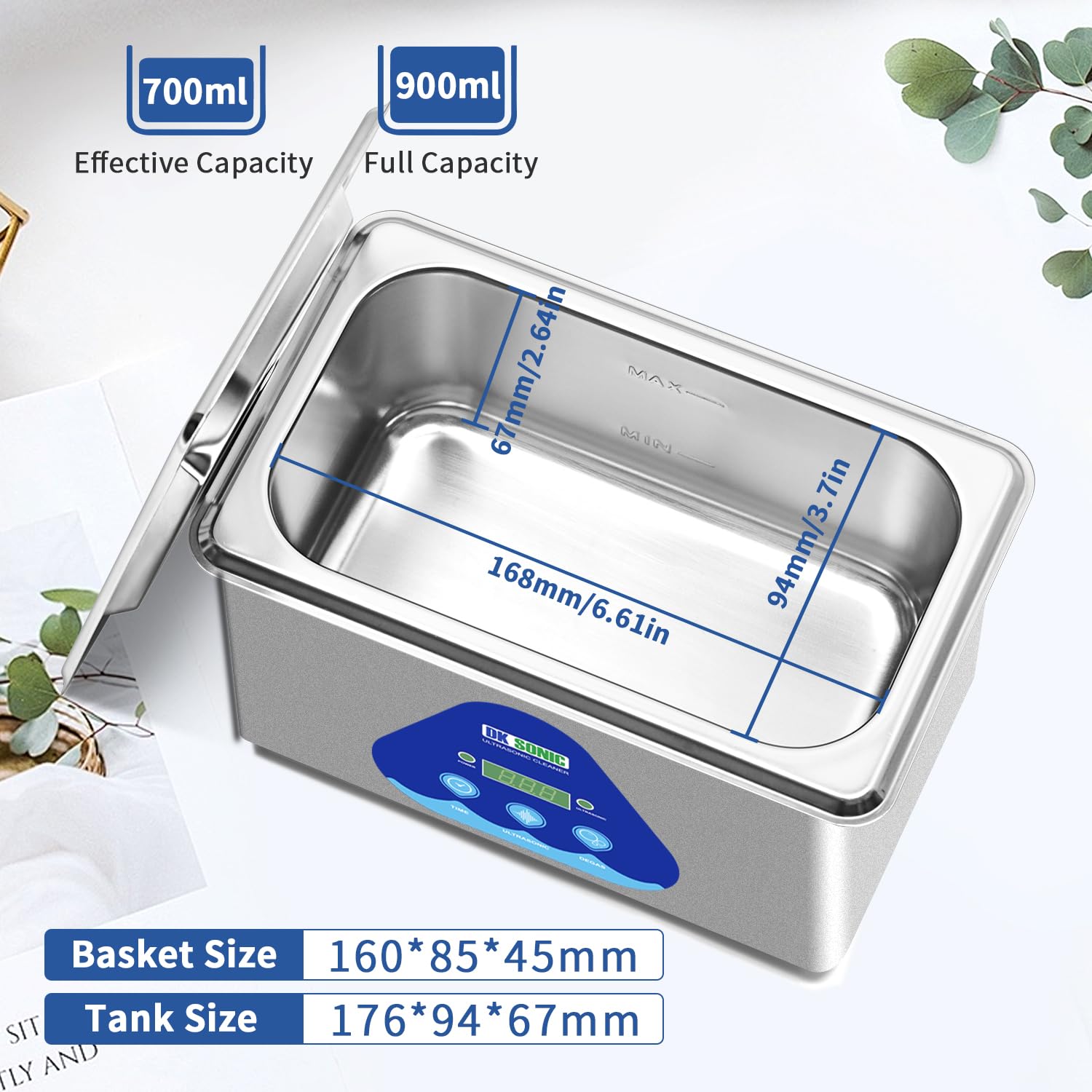DK SONIC Ultraschallreiniger 900 ML Edelstahl, 35W ltraschallreinigungsgerät mit digitalem Timer zum Reinigen von Schmuck, Brillen, Münzen (inkl. Korb)