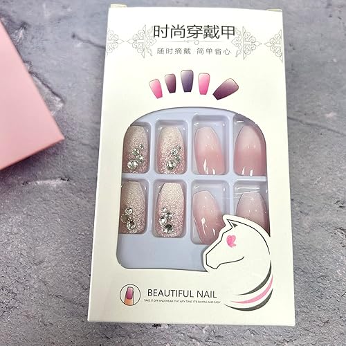 Miniatura 6 de 24 uñas postizas cuadradas medianas a presión, uñas postizas acrílicas artificiales con diseños de diamantes de imitación, cobertura completa,