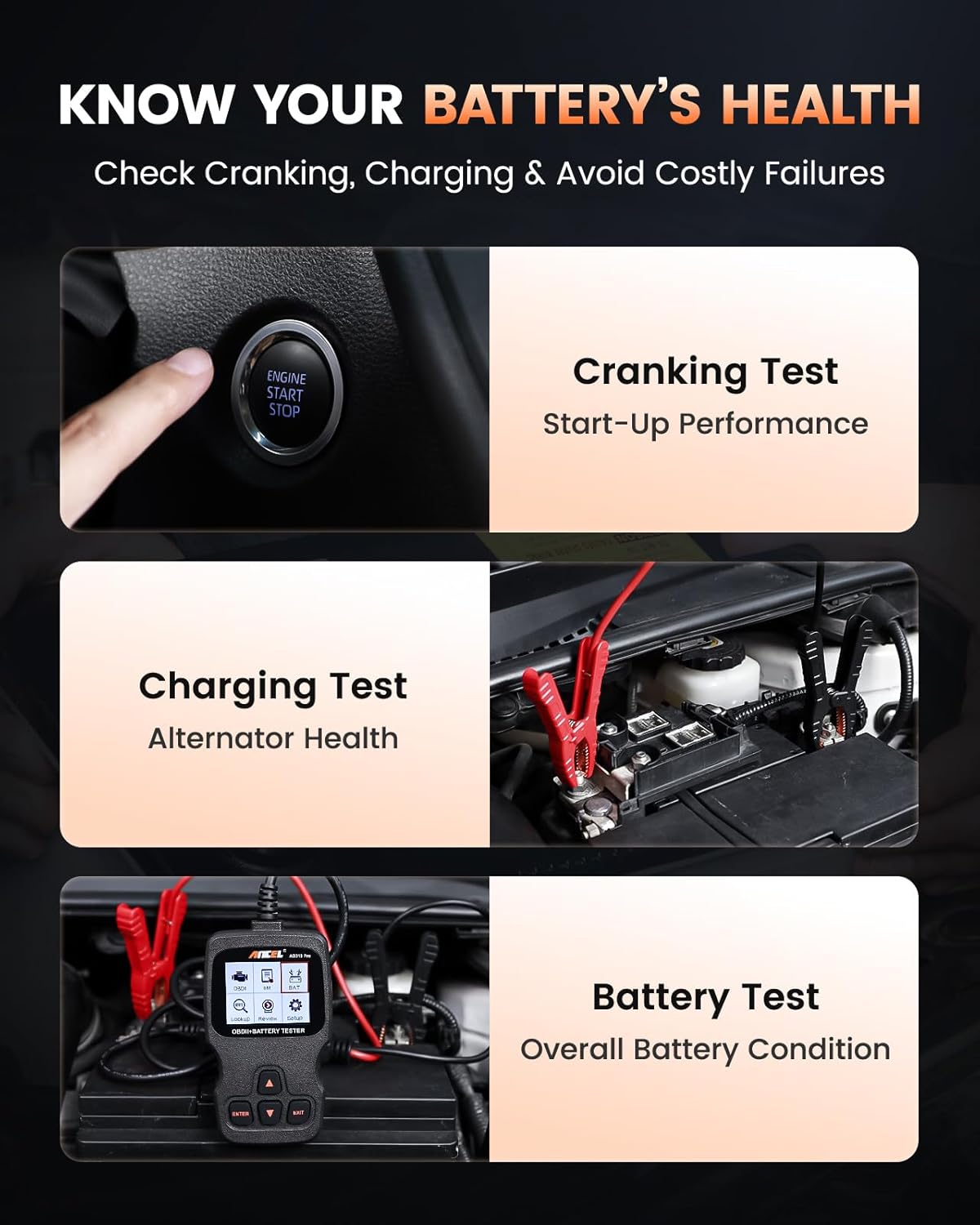Three images showing battery testing: finger pressing engine start button for cranking test, battery clamps connected for charging test, and the AD310 Pro connected to a battery for overall battery test