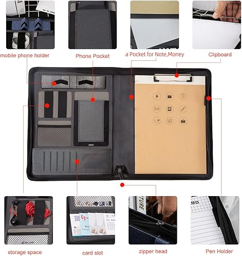 Miniatura 9 de Portafolio de cuero con cremallera asa carpeta de 4 anillas y portapapapel, organizador de conferencias de negocios, bloc de notas para