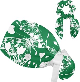 2 Pieces Surgical Cap for Long Hair Scrub Cap with Hairband Nurse Cap, Butterflies and Plaid Flower Flower
