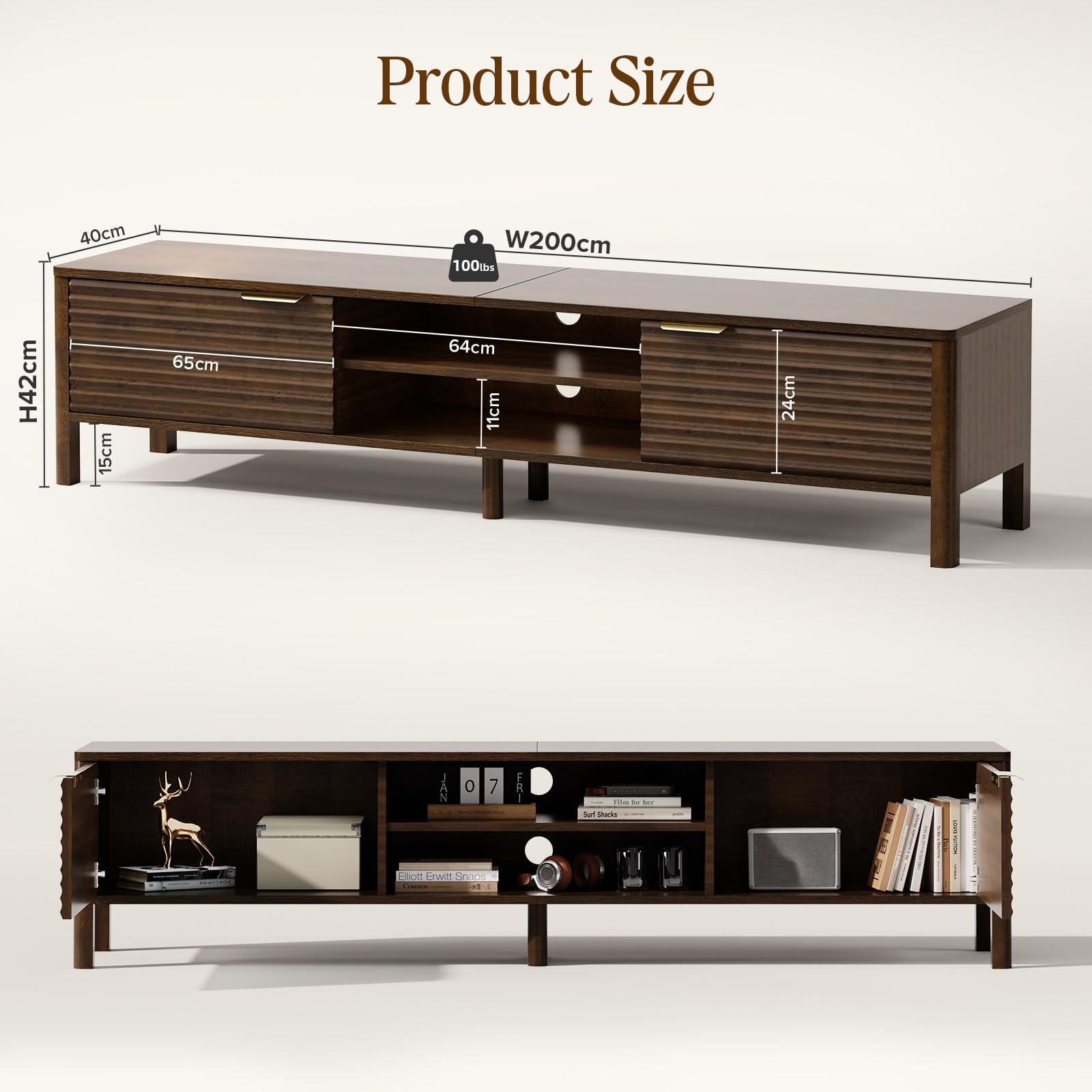 IKALIFE Mueble TV Madera Marrón 200 cm - Mueble de TV con Estantes Ajustables y Gestión de Cables, para Televisores de hasta 80 Pulgadas, para Salón y Dormitorio