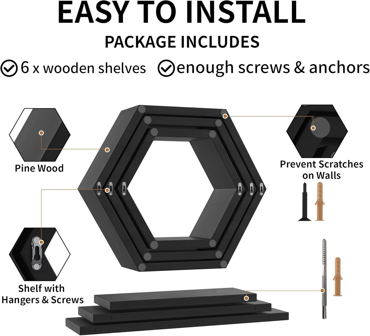 Wooden Hexagon Floating Shelves Wall Mounted - Set of 6 Pine Wood Hexagon Shelves Display for Photos,Plants,Rustic Honeycomb Shelves for Living Room, Bedroom,Bathroom, Kitchen, Office Decor, Black.