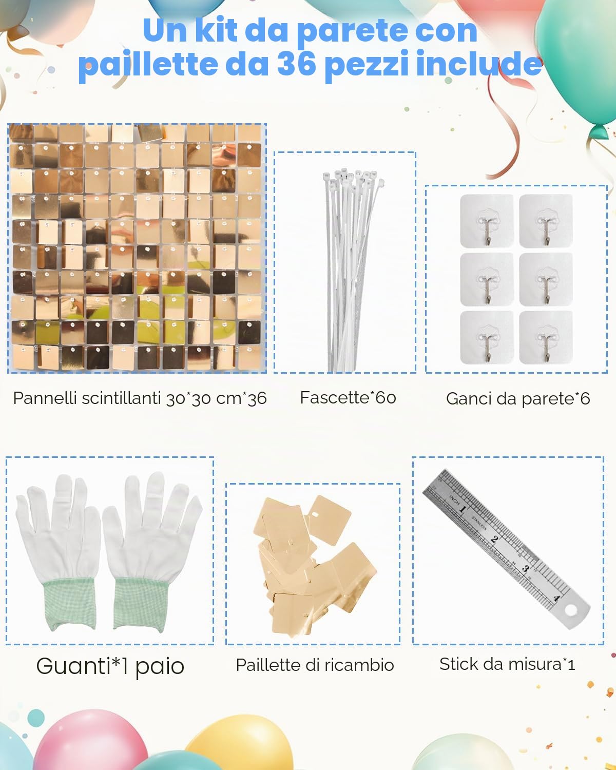 MSDADA 36 Pezzi Pannello Decorativo Parete Oro Chiaro, Fondale a Paillettes per Gender Reveal, Battesimo, Festa a Tema 30x30 cm/pz