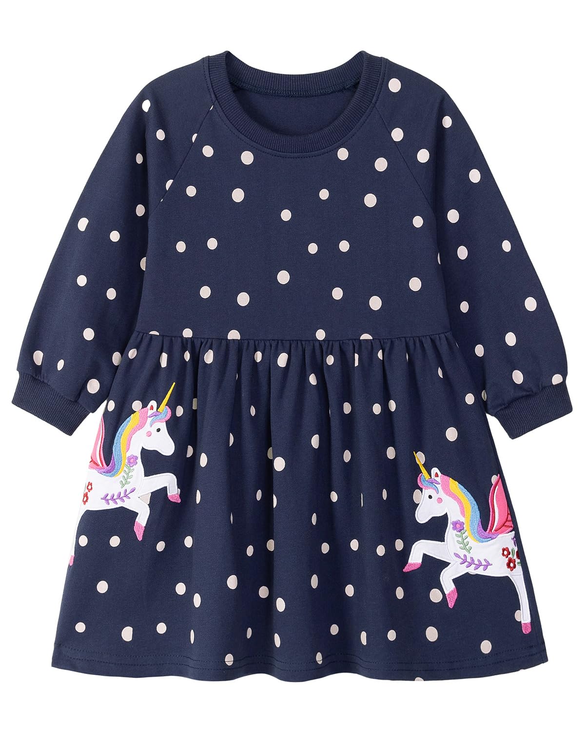 Girls Cotton Long Sleeve Casual Cartoon Appliques Striped Jersey Dresses
