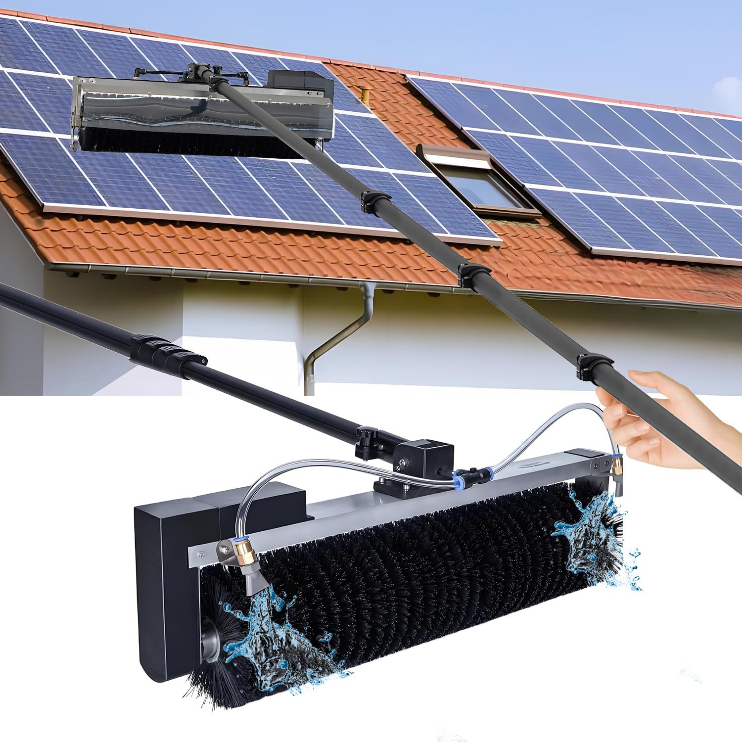 YNBSHGAA Electric Solar Panel Cleaning Brush and Pole - Handheld Rooftop Cleaner with Telescopic Rod and Roller Brush Kit
