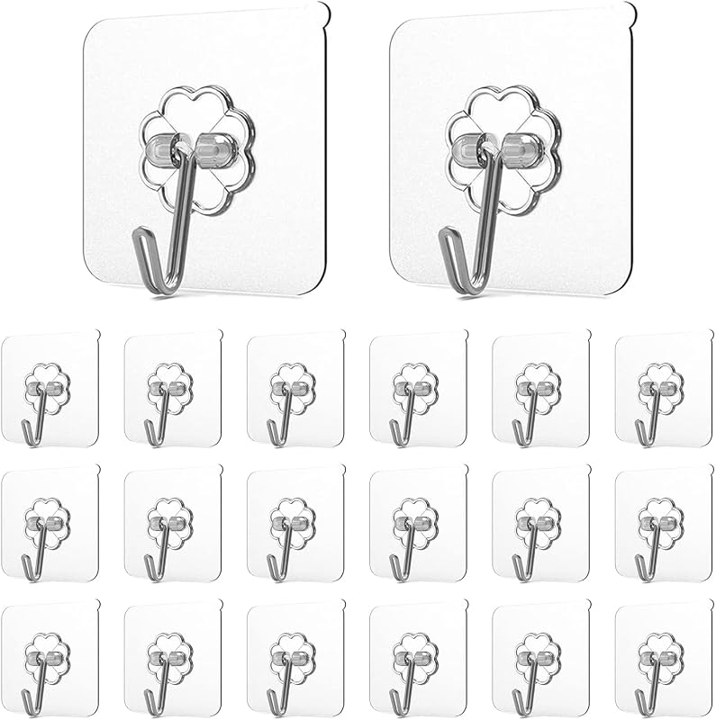 Ganchos adhesivos para colgar, ganchos de pared resistentes, paquete de 20, techo adhesivo | Ganchos transparentes para ducha, resistentes al agua y al aceite, ganchos para abrigos de puerta de 22 libras (máx.)