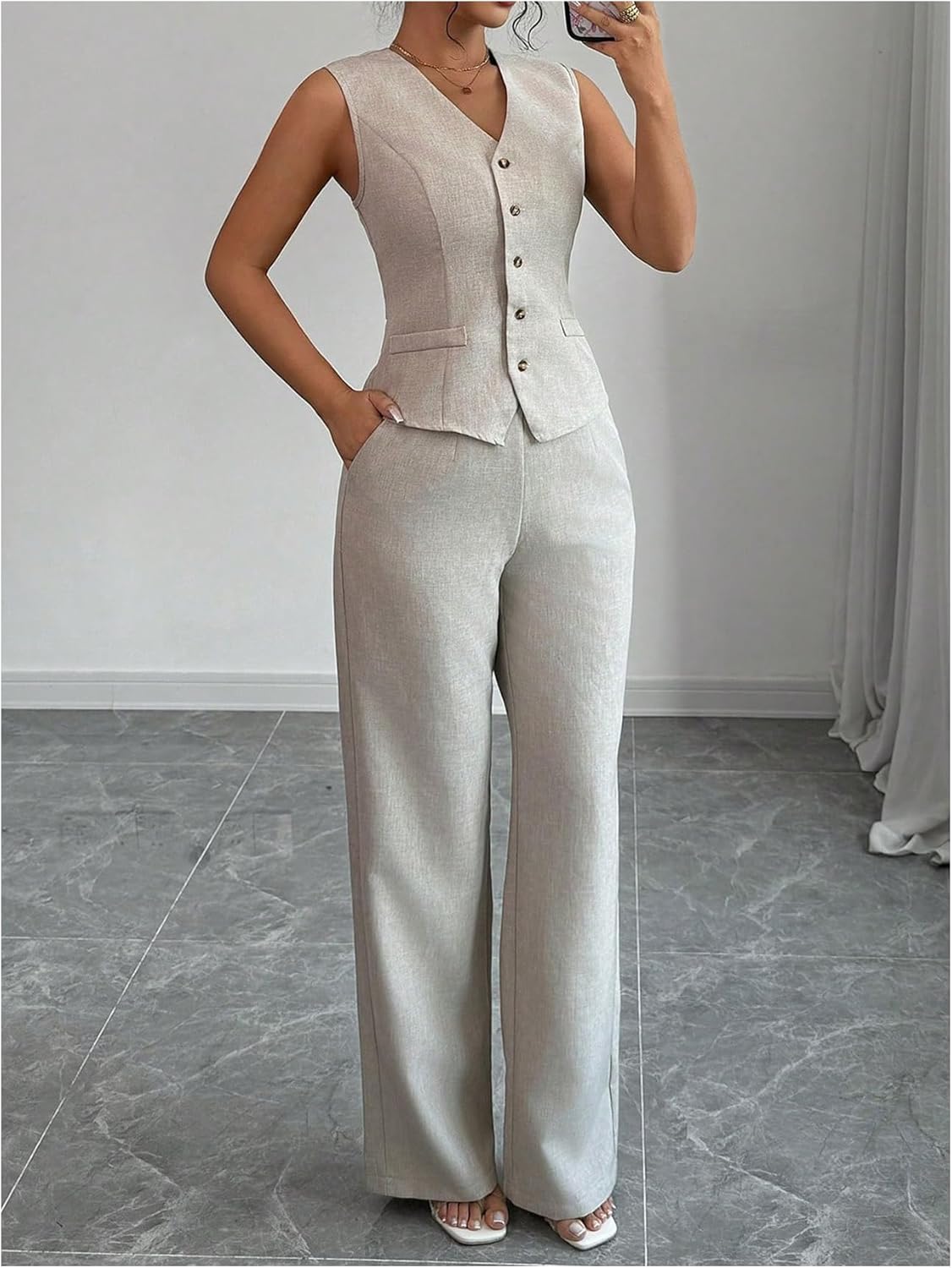 SOLY HUX Women's 2 Piece Outfits V Neck Button Down Vest Tops and High Waisted Pants Set Office Work Suit - Image 5