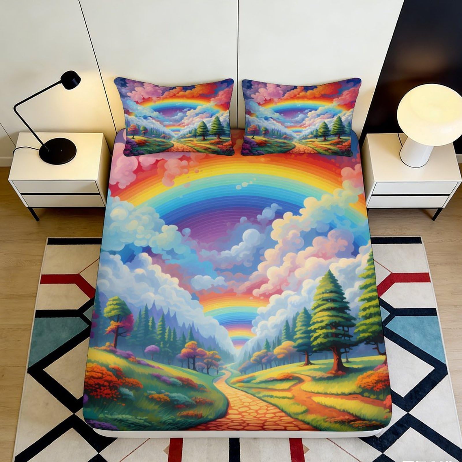 3D Printed Rainbow and Cloud Fitted Sheet Microfiber Soft Breathable Scenic Landscape Bed Cover for Bedroom Dormitory Guest Room Mattress Protection 140x200x25cm