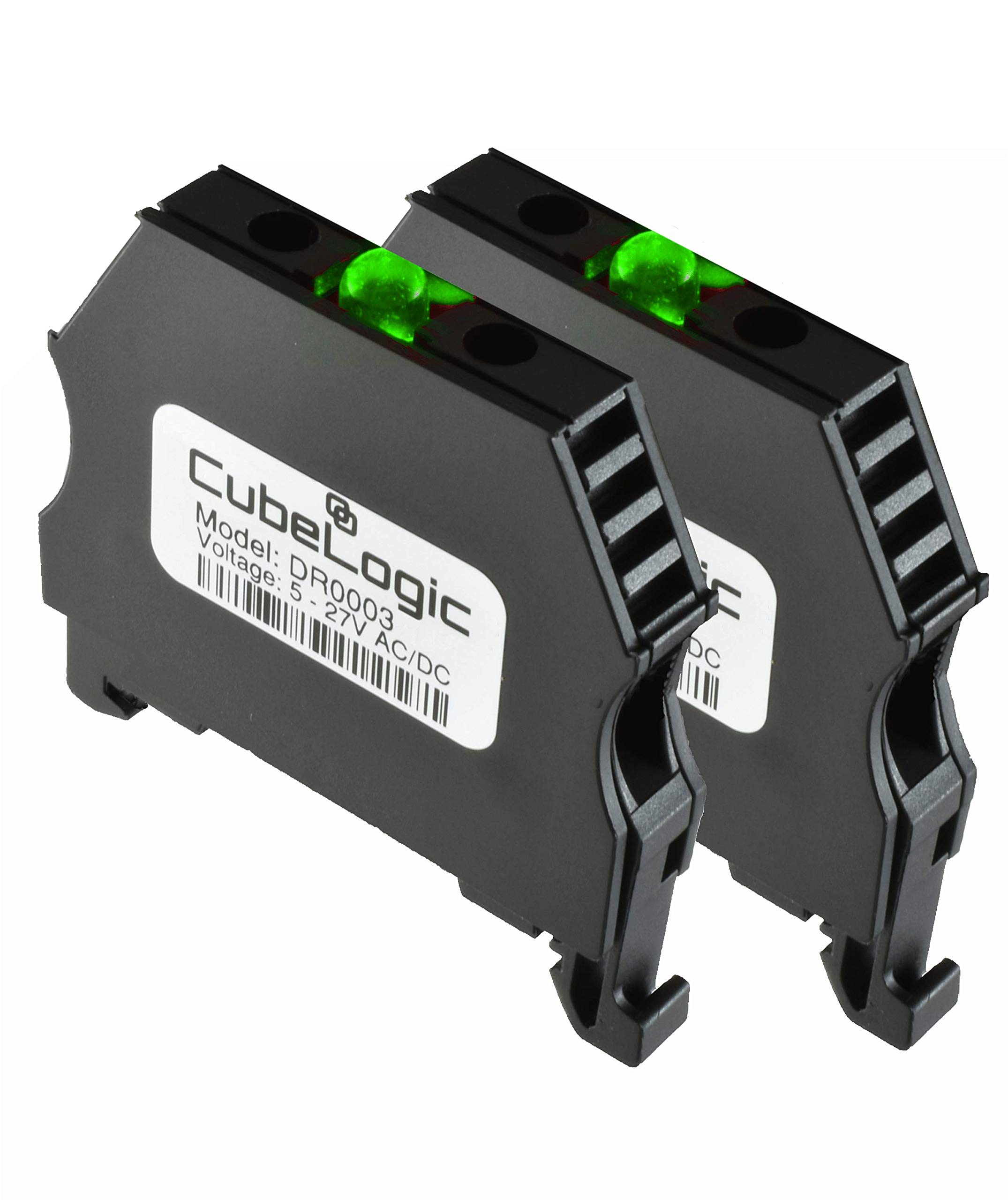 Cube Logic Controls | Industrial Indicator Light | LED | DIN Rail Mount | 5-27V AC/DC | Pilot Light | 2 Pack (Green)