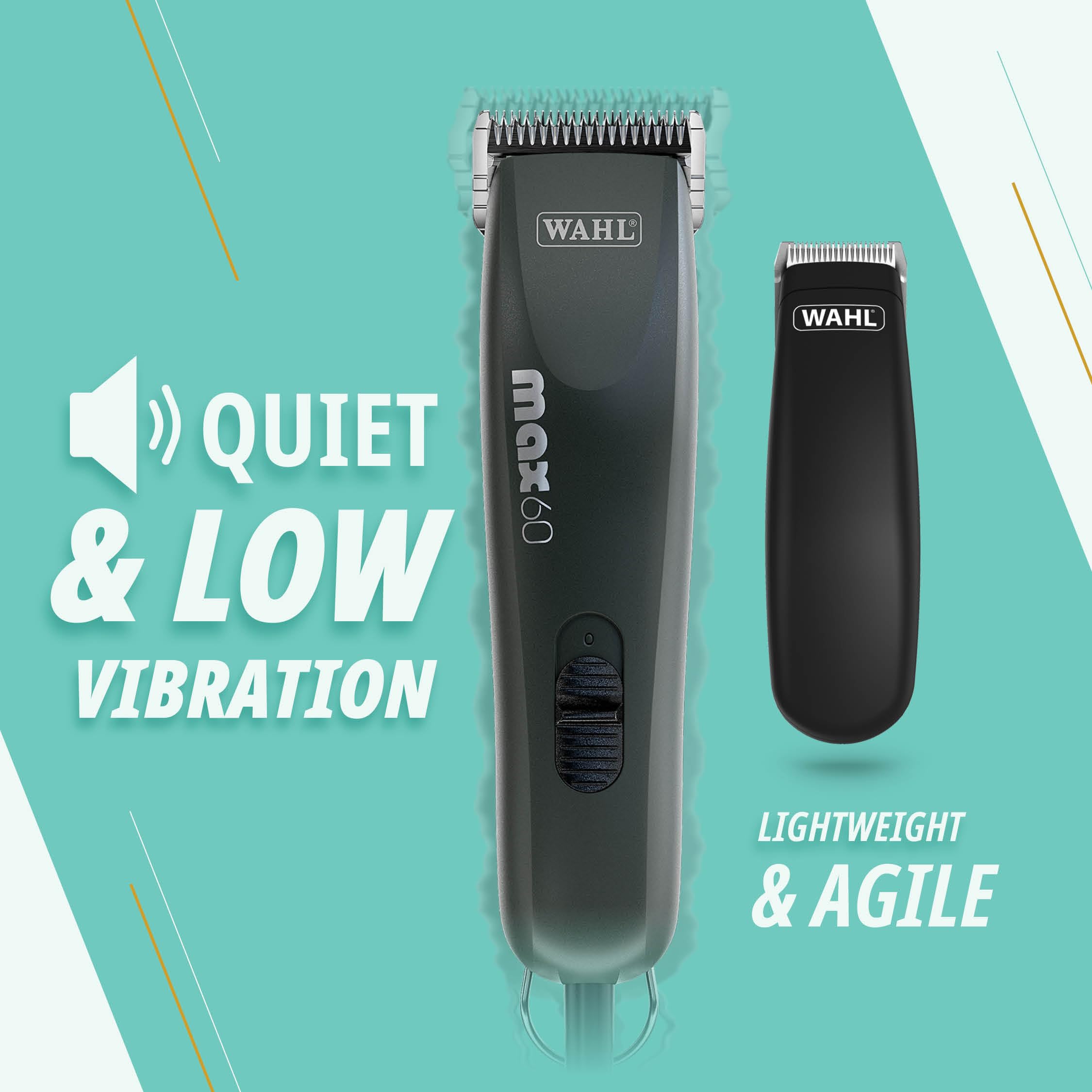 WAHL Animal Clipper Kit Max 60 + Pocket Pro, Tosatrice e trimmer per animali, strumenti per la toelettatura degli animali domestici, tutti i tipi di pelo, basse vibrazioni, leggera, nera
