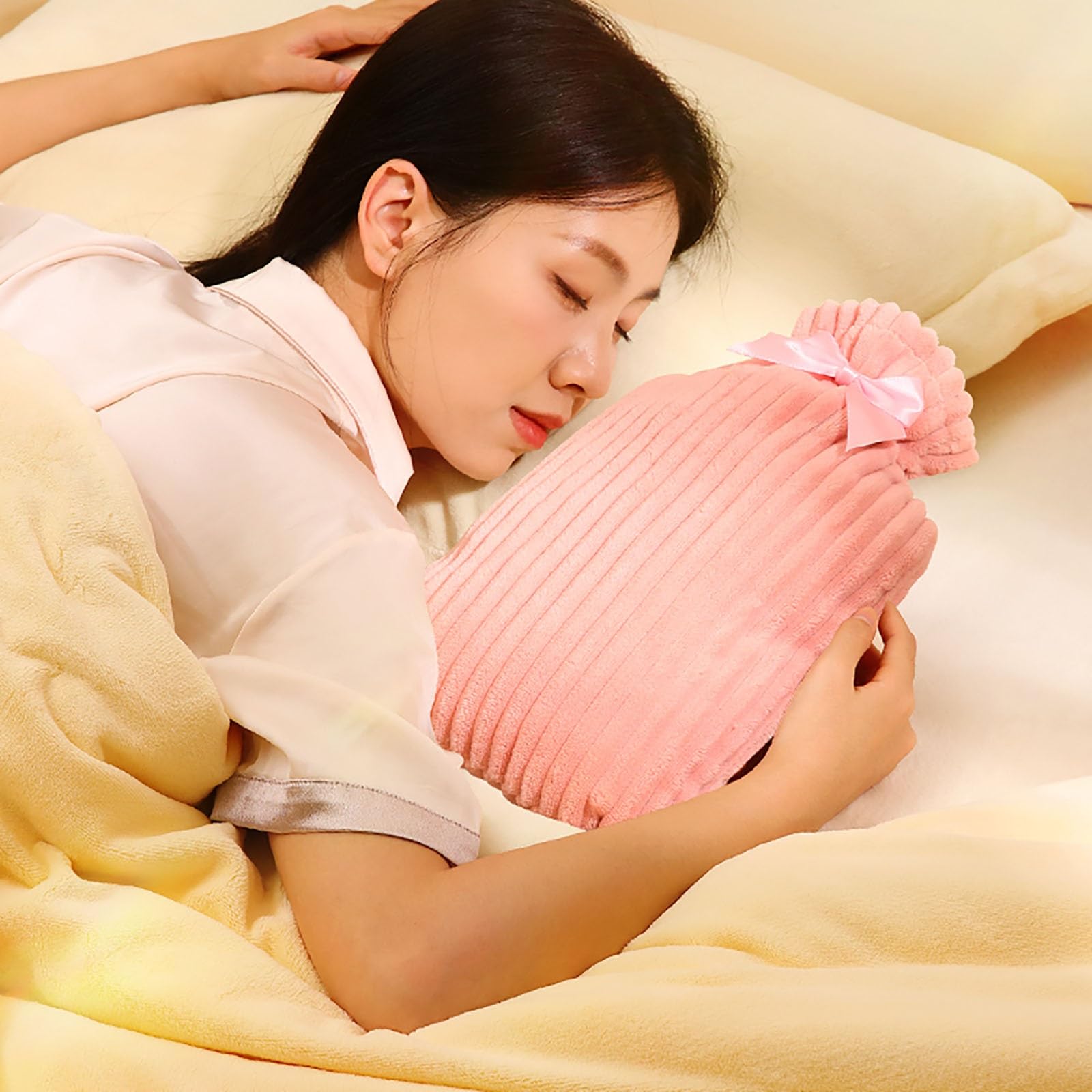 Bouillotte chaude pour les mains et les jambes, avec housse en fourrure, portable, pour le cou et les épaules, le dos, les jambes, la taille (rose)