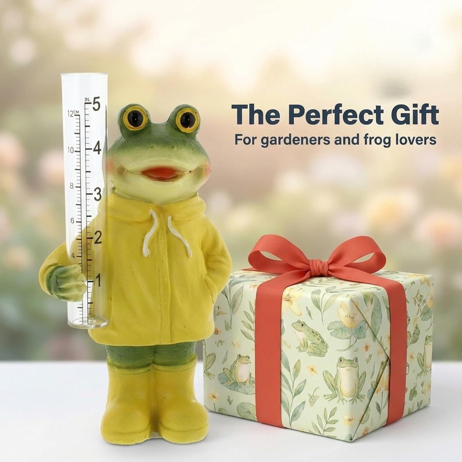 The Bridge Collection Resin Frog in Rain Coat Rain Gauge
