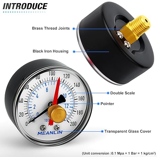 Miniatura 4 de MEANLIN MEASURE Manómetro de bomba de pozo NPT de 0-200 Psi con cara de dial de 2 pulgadas y adaptador NPT de 12 pulgadas y adaptador NPT de 38