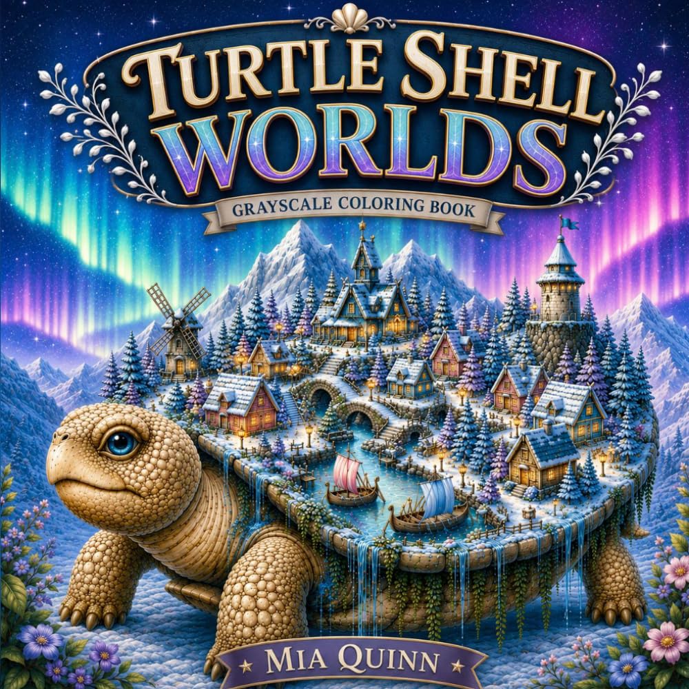 Turtle Shell Worlds Grayscale Coloring Book: Tiny Magical Worlds on Giant Turtle Shells (Magic Worlds Coloring Books)