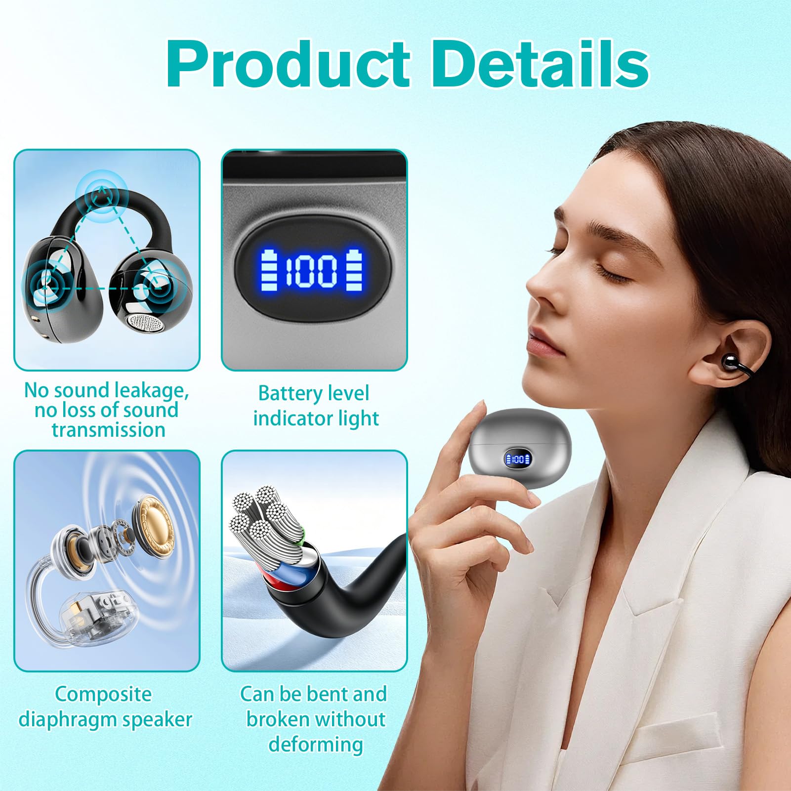 Auricolari Bluetooth senza fili,Open-Ear con clip, cancellazione del rumore, leggero con clip, impermeabile, display a LED, per sport, corsa, studio, viaggi (iOS e Android), qualità del suono di