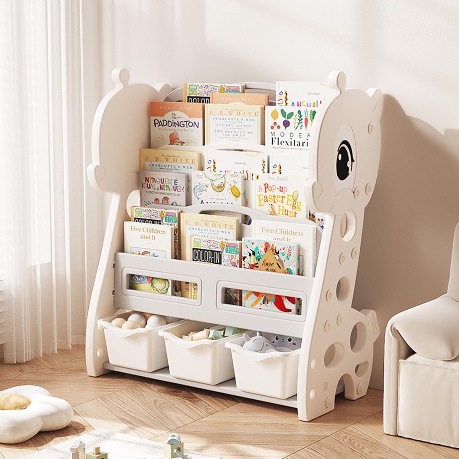 A 4 Ripiani Scaffale per Bambini e Contenitore per Giocattoli Scaffale Espositore e Mobile Organizzatore Libreria Montessori per Bambini Piccoli